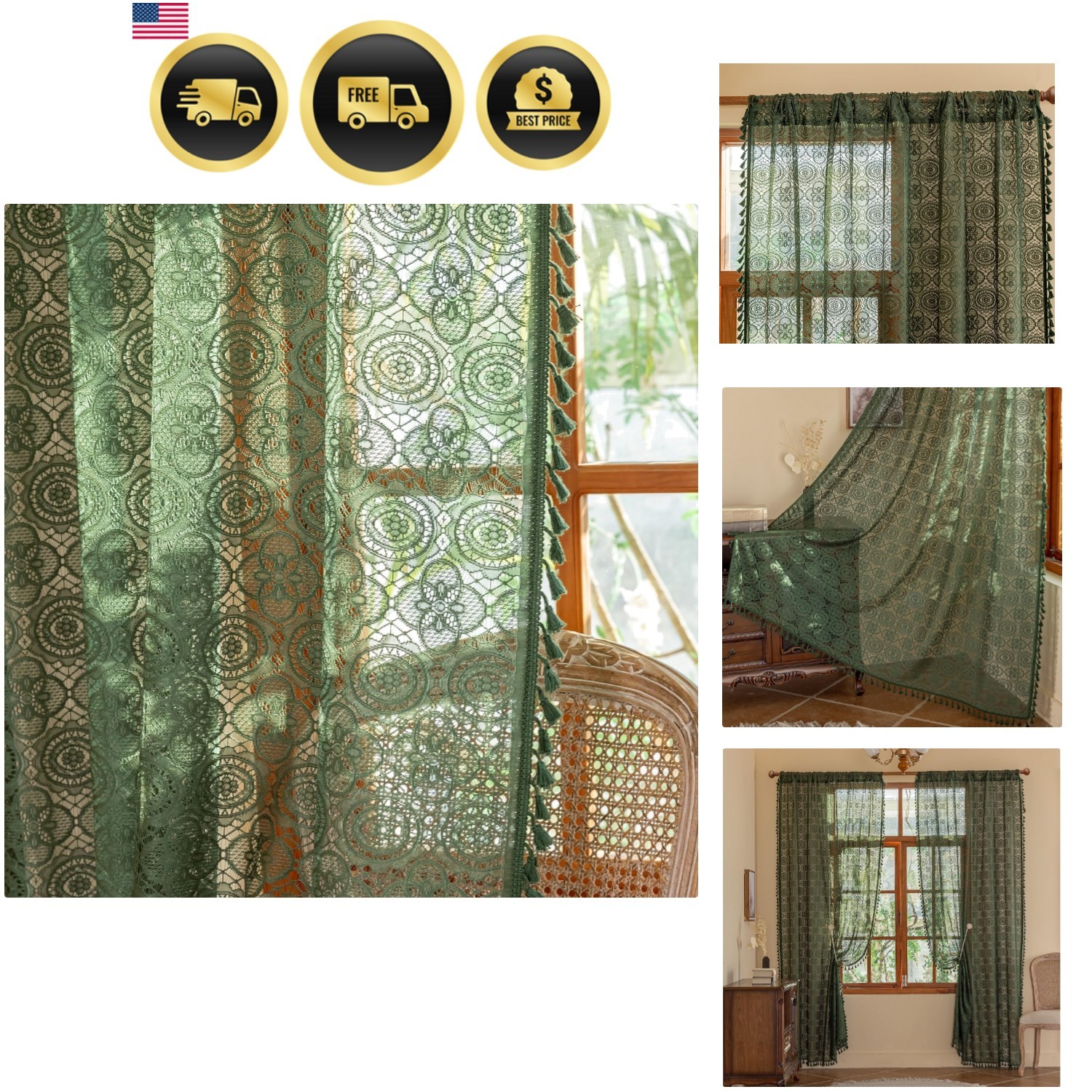 Boho Lace Curtains Sheer Floral Crochet Vintage Light Filtering 2 Panels