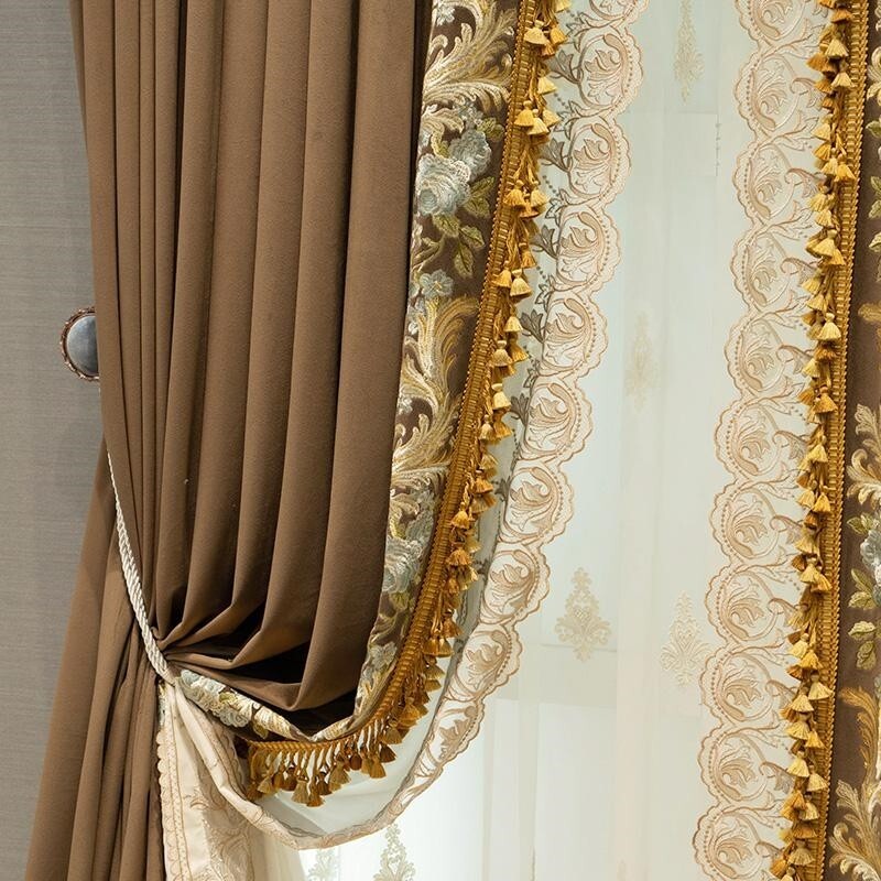 Custom American Vintage Brown Velvet Embroidery cloth curtain tulle drape C2140