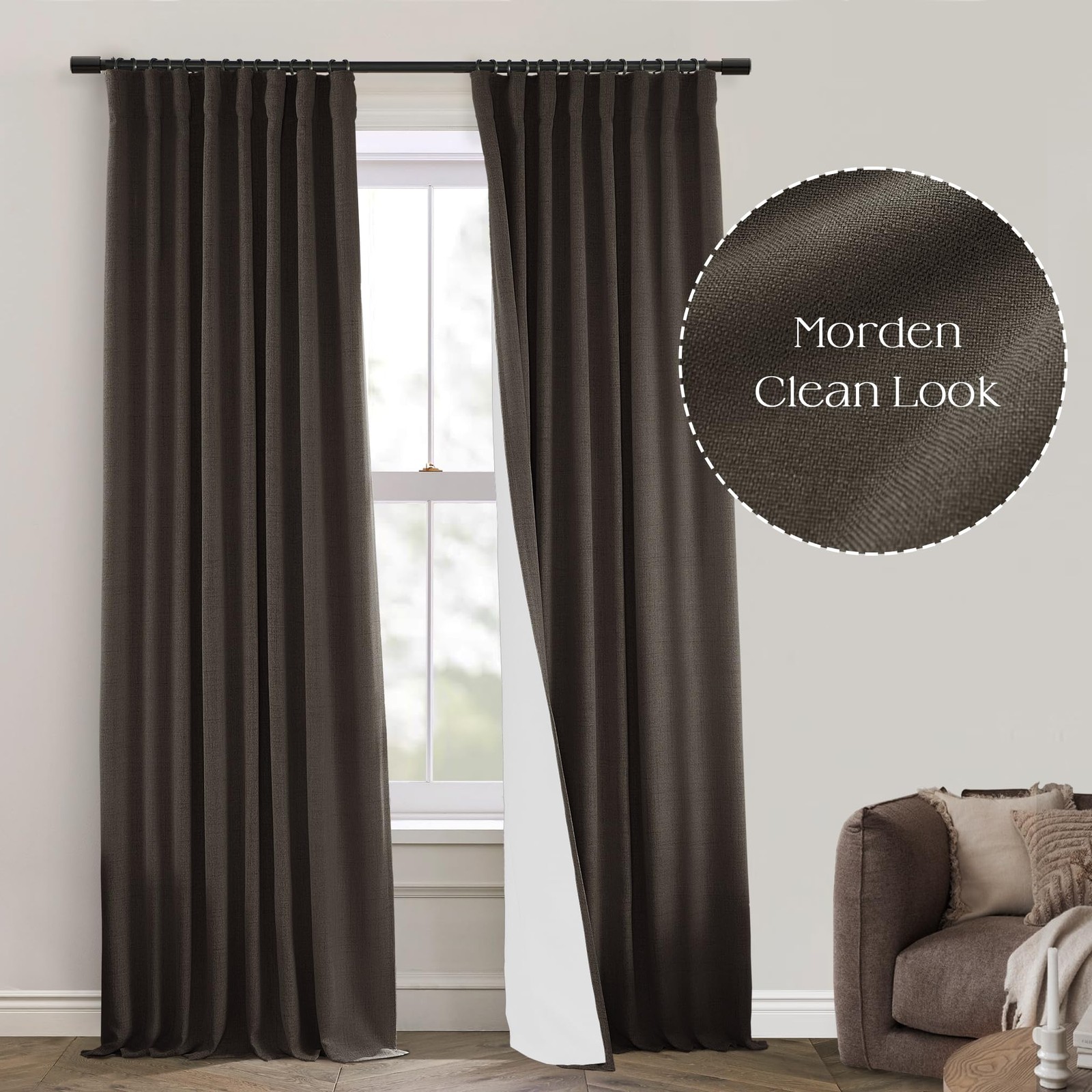 PANELSBURG Dark Brown Linen Blackout Curtains 96″ Long (2 Panels) w/ Back Tabs
