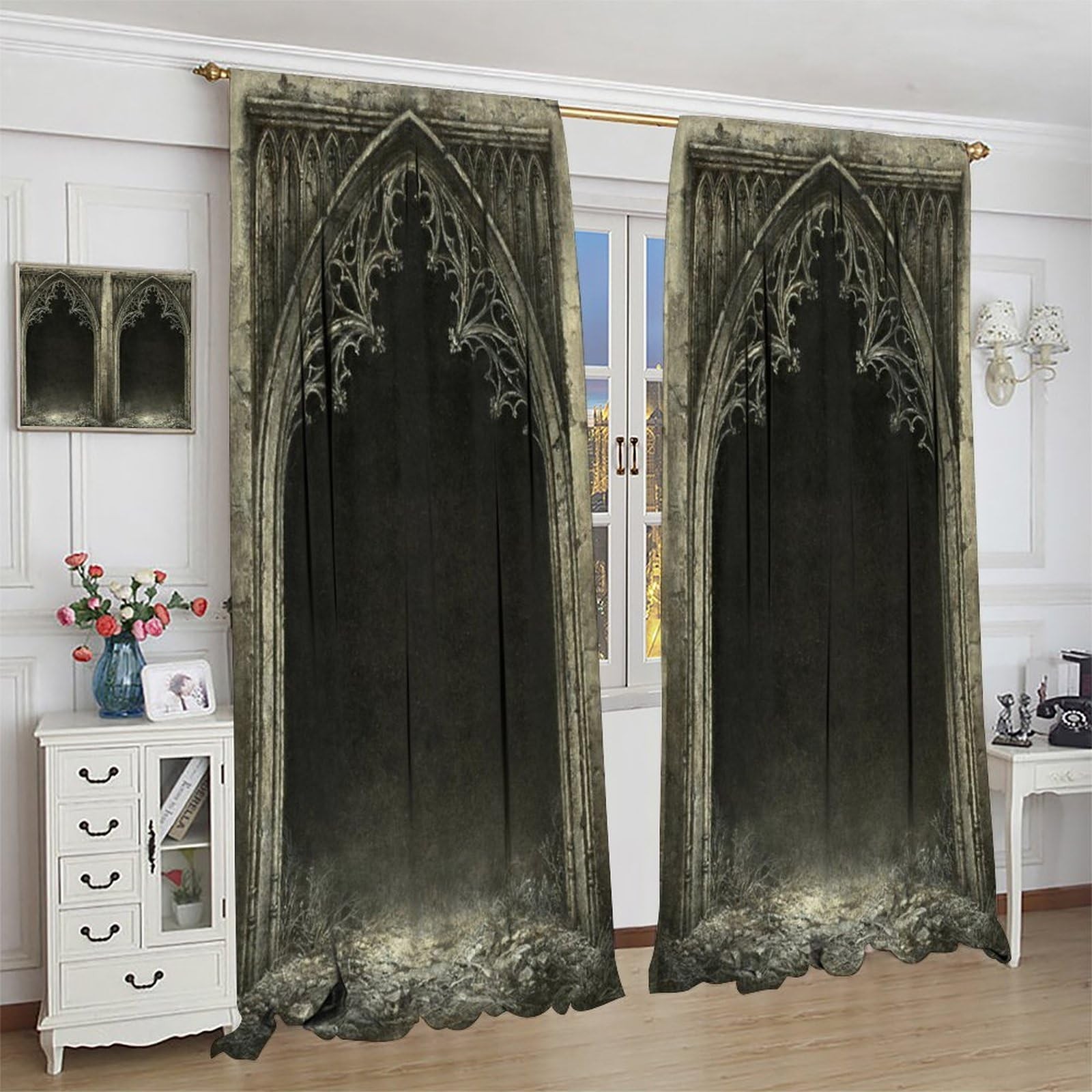 Gothic Dream Curtains, Vintage Gate Classical Palace Dark Black Misty Foggy M…