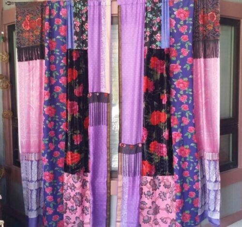 2 Pcs Indian Sari Patchwork Curtain Drape Window Decor Multi Silk Sari Curtain