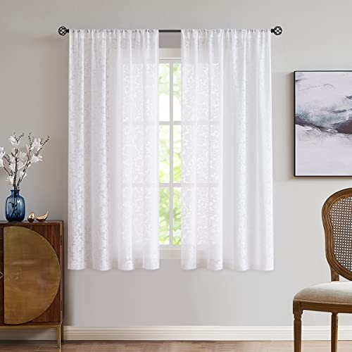 White Sheer Curtains for Windows 63″ Burnout Vintage 54″w x 63″l 2pcs Damask