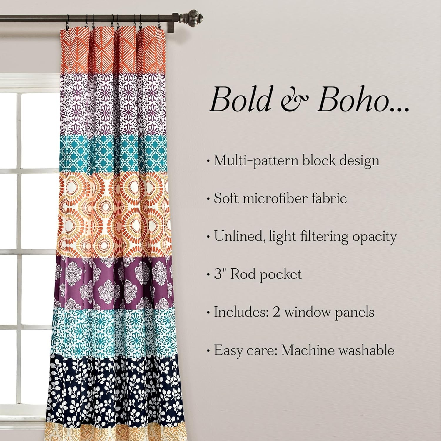 Bohemian Stripe Window Curtain Panels, Pair 52″ W x 84″ L Fuchsia & Orange – …