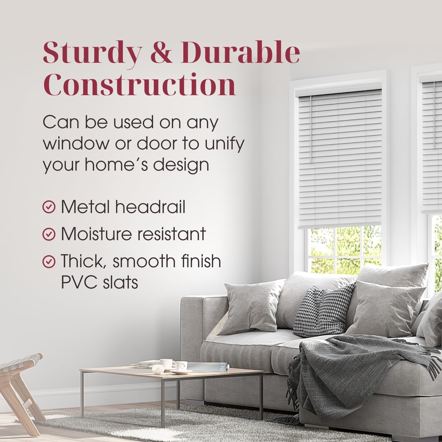 Bravada Cordless Blinds, 2 inch Faux Wood- All Sizes, White- EXACT WIDTH