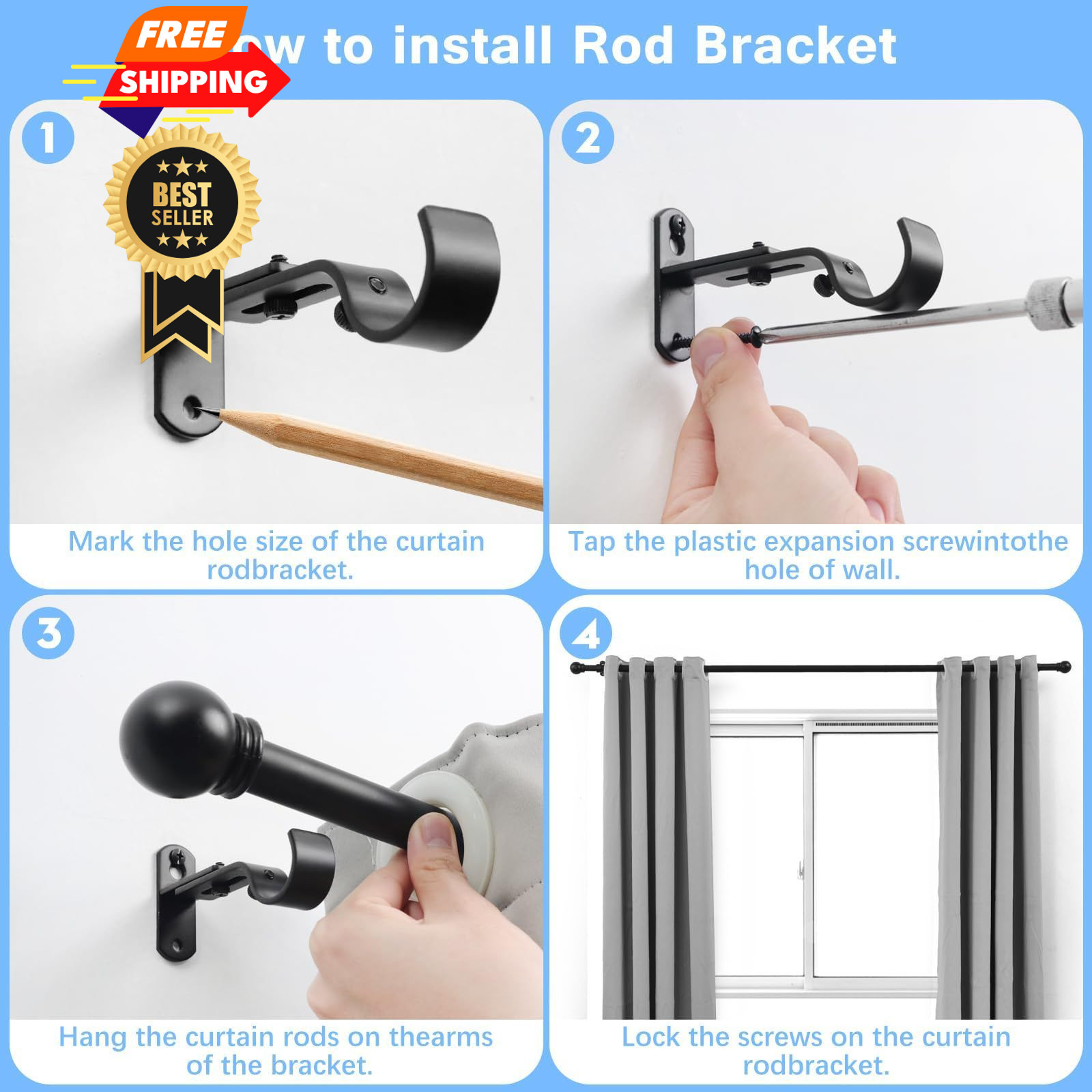 AMZSEVEN Curtain Rods for Windows 16 to 48 48″ – 1» rod – 1 Pack, Black