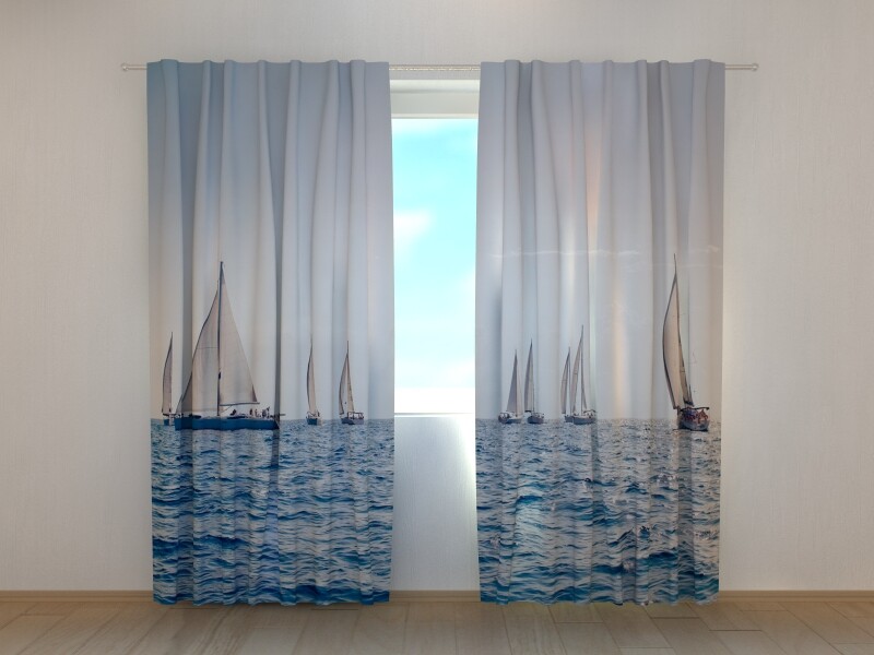 3D Photo Curtain Printed Sea and Sailboats Blue by Wellmira Made to Measure