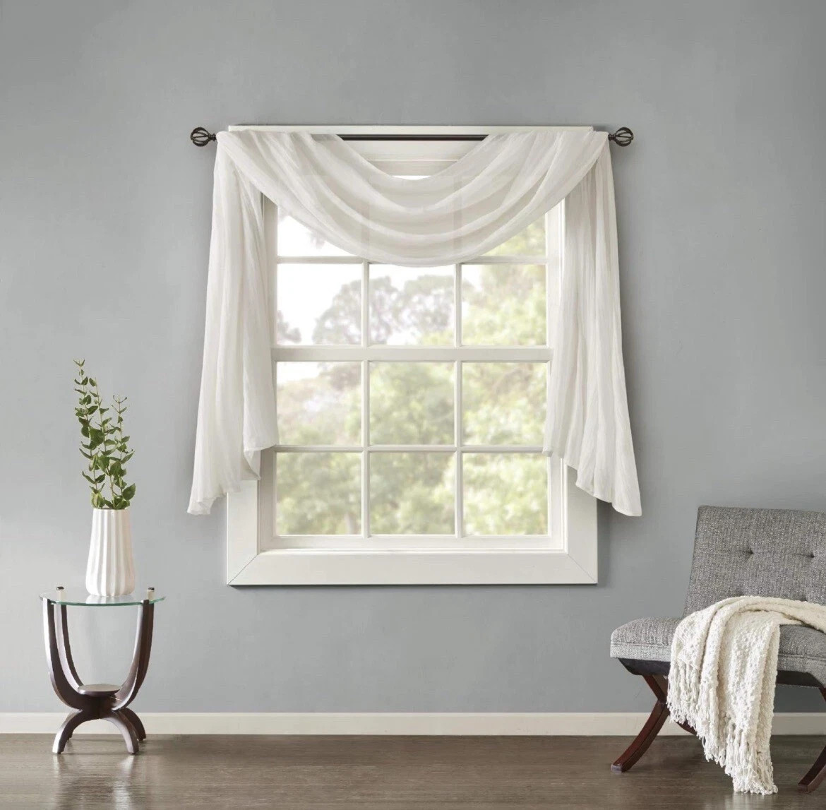 Madison Park 42″W x 144″L Solid Sheer Window Scarf & Tiebacks Harper White New