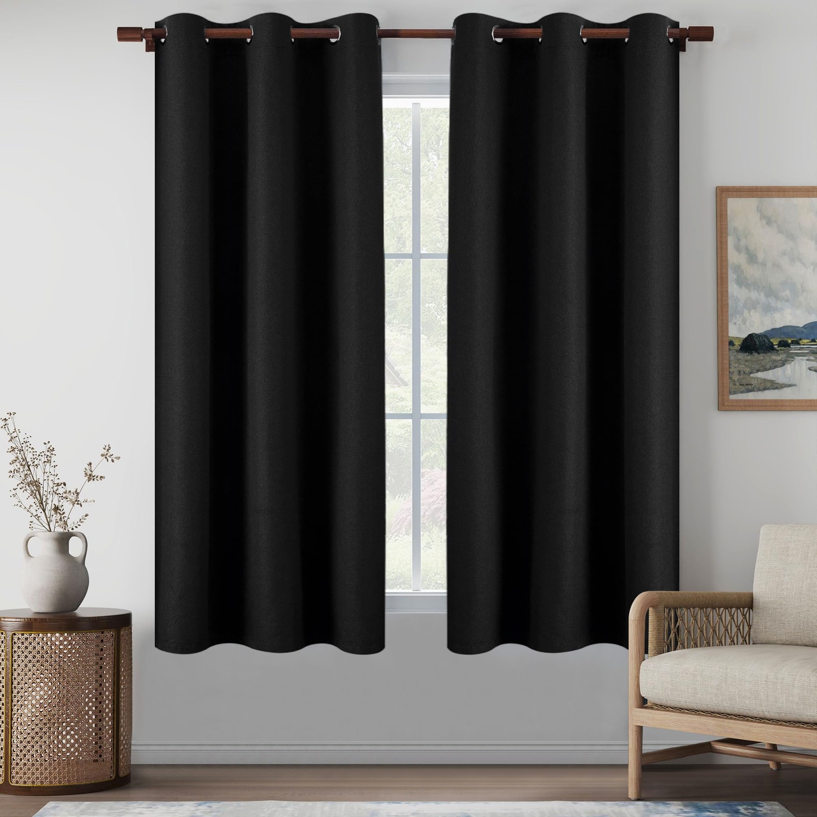 LCOOMZEN Black Full Blackout Curtains 64 Inch Length for Bedroom Dining Room, Fa