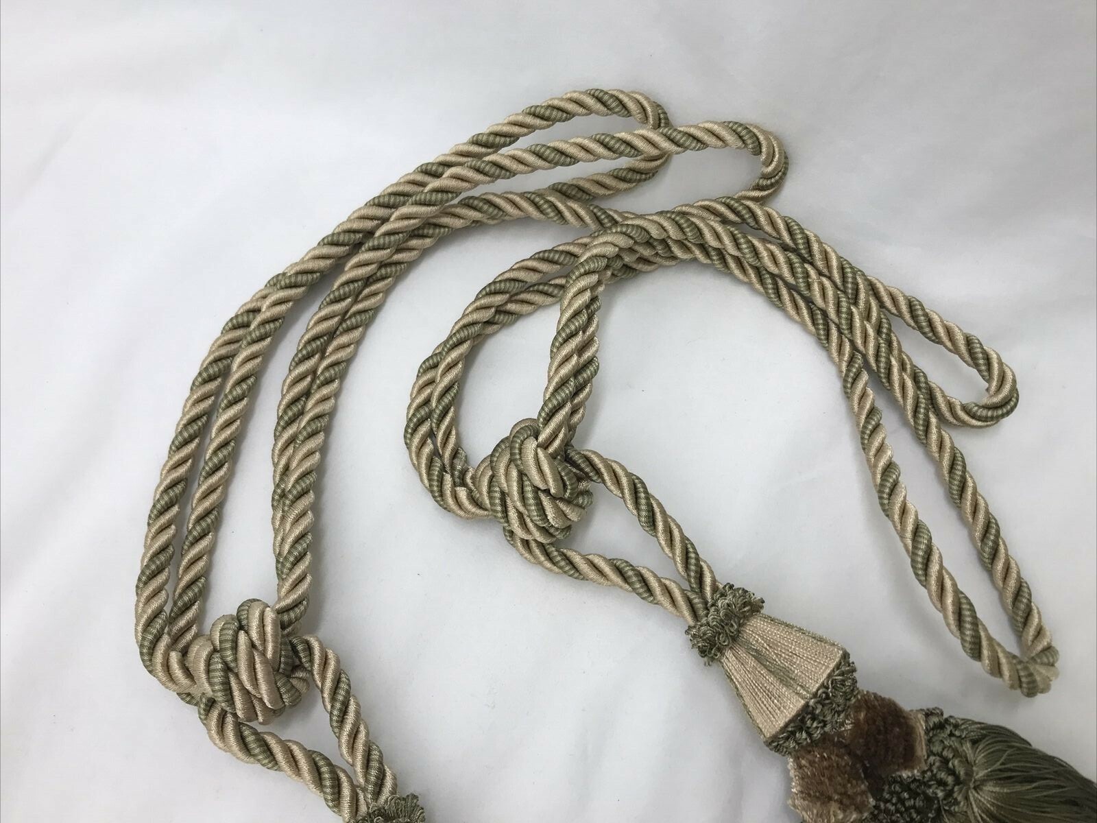 Art Deco Victorian Style Tieback Tassels Set 2 Curtain Drape Sage Green Beige