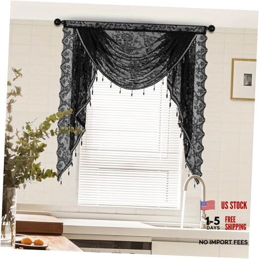 Sheer Lace Waterfall Window Valance with Bead 39″W x 41″L (Pack of 1) Black