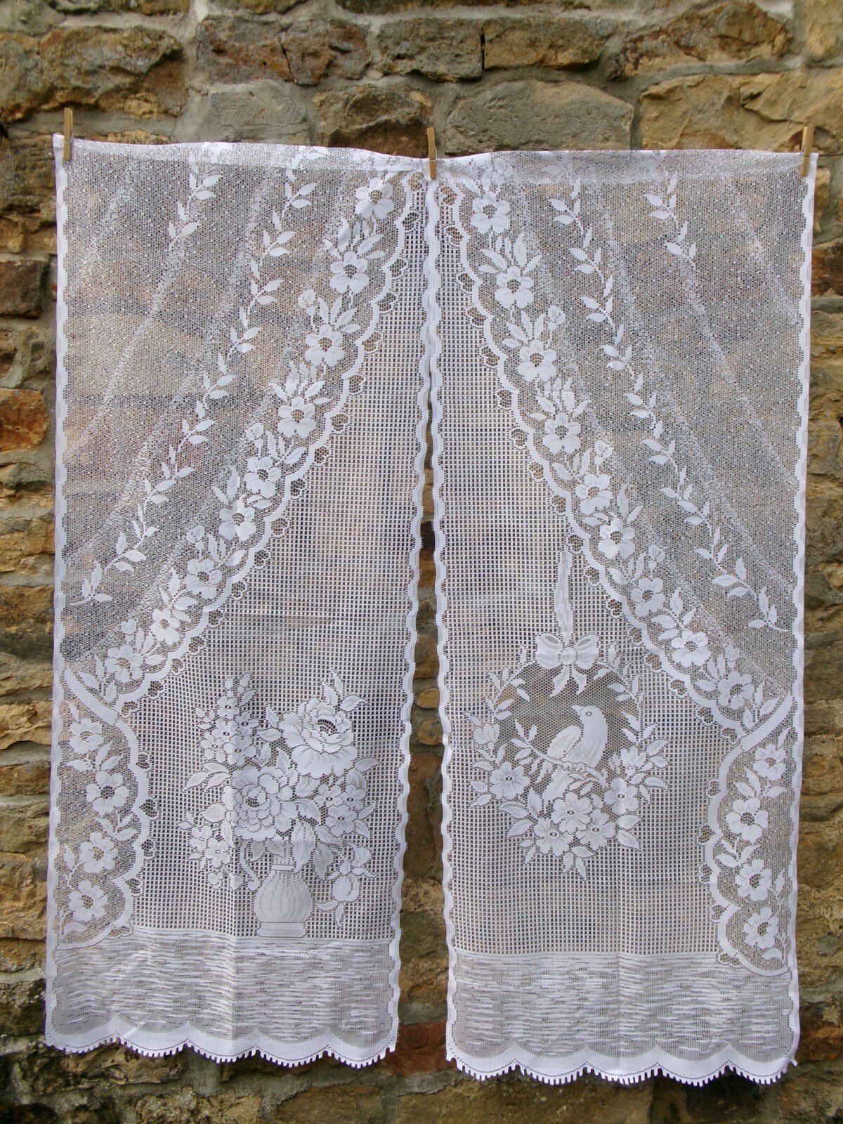 French pair white curtains lace motif bird vase flower 24» x 60» of each