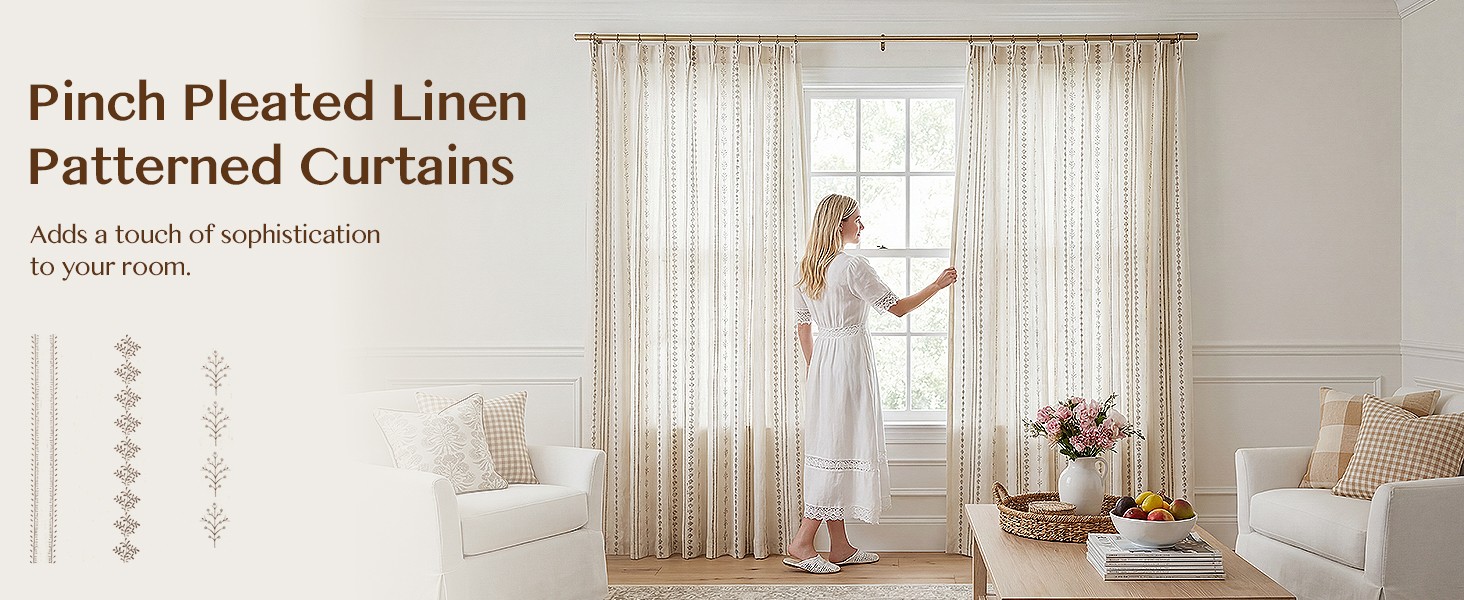 Pinch Pleated Taupe Floral Block Print Curtains 96 Inches Long, Vintage Boho