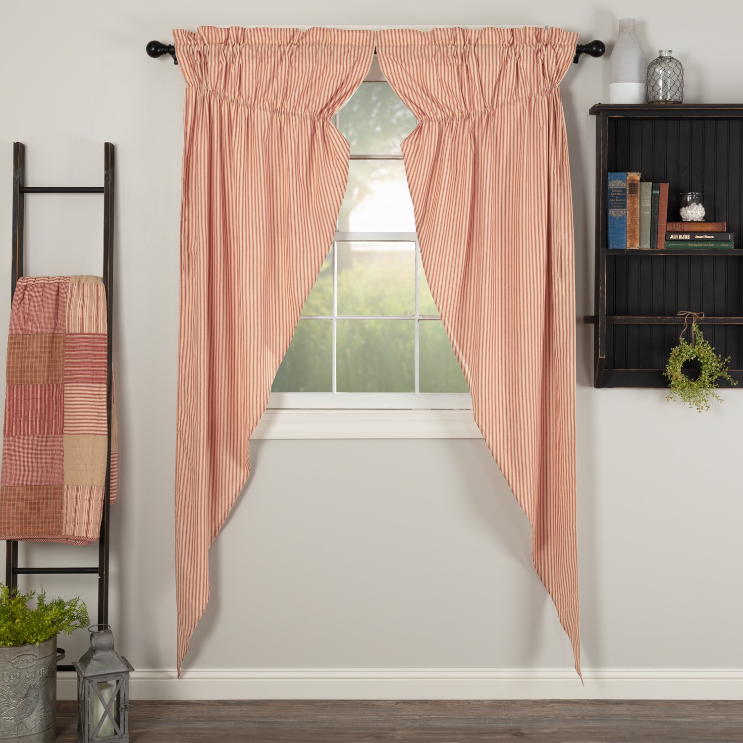 Sawyer Mill Farmhouse Red Ticking Stripe Prairie Panel Set 84x36x18″ VHC Brands
