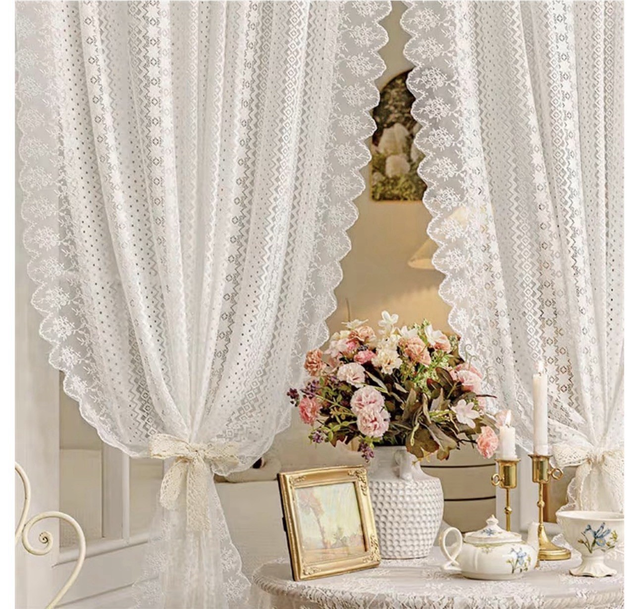White Lace Sheer Curtains 63x84L”Elegant Hollow Floral Light-Filtering 2 Panels