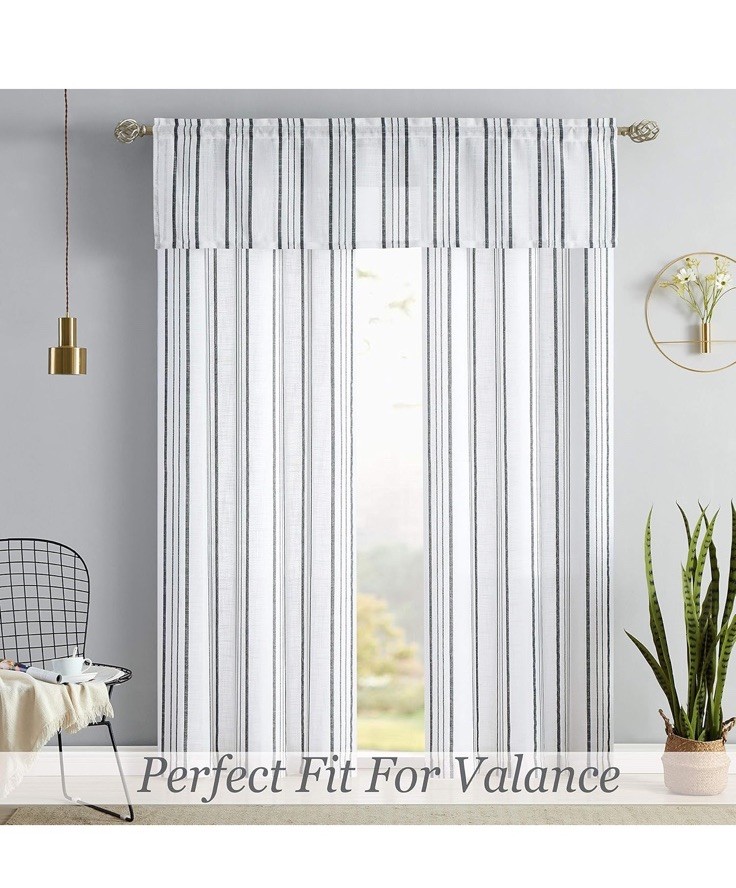 NEW Black & White Striped Cafe Curtains 2 Panels Sheer Stripe 84” L W/ valence