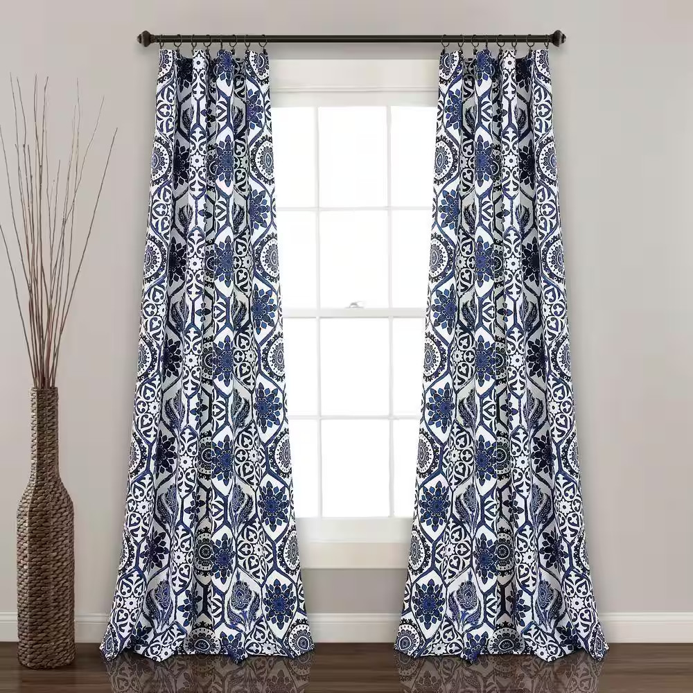 Navy Medallion Rod Pocket Room Darkening Curtain – 52 In. W X 84 In. L (Set of 2