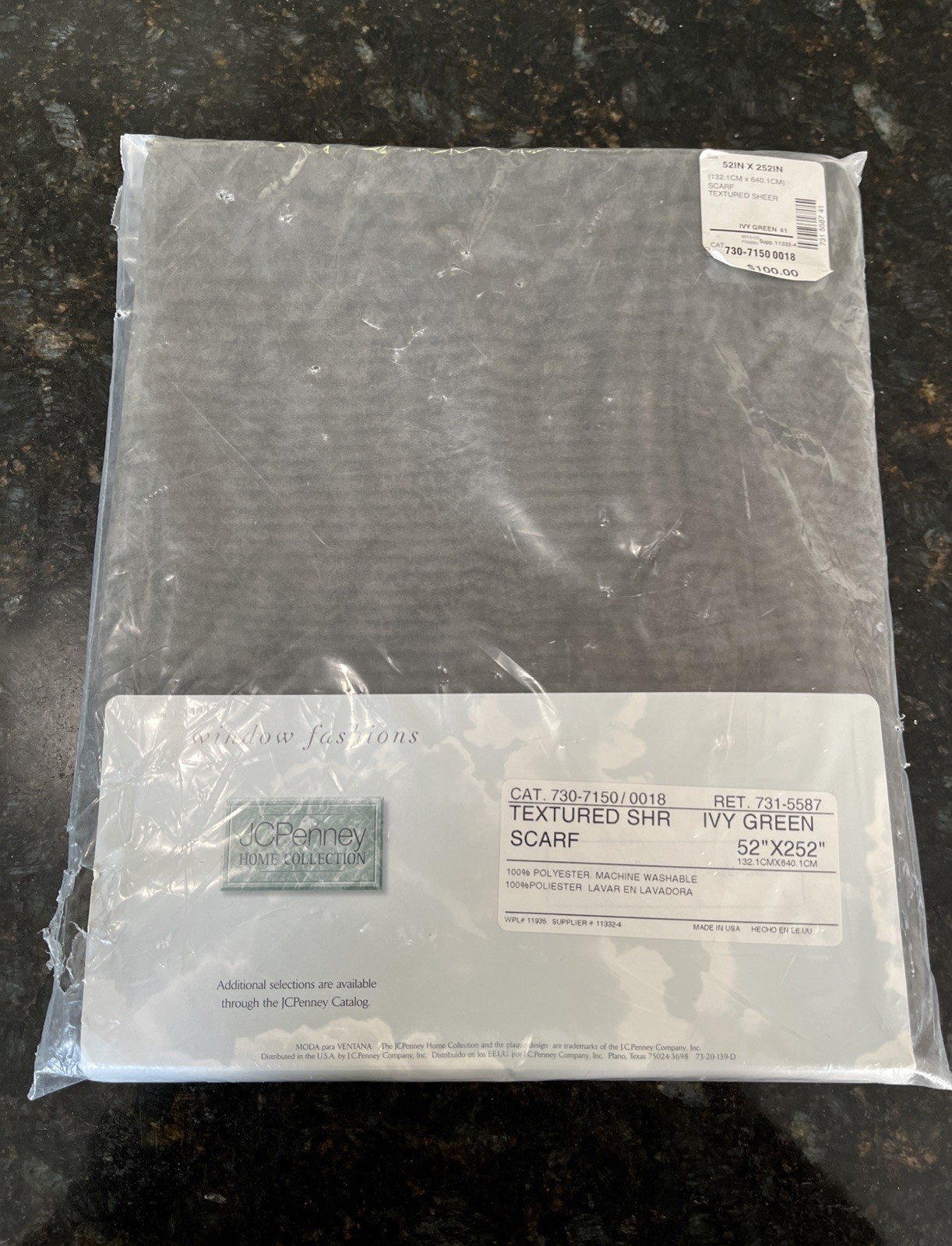 Vintage JC Penny Home Collection Ivy Green Scarf Textured Sheer 52” X 252” NEW