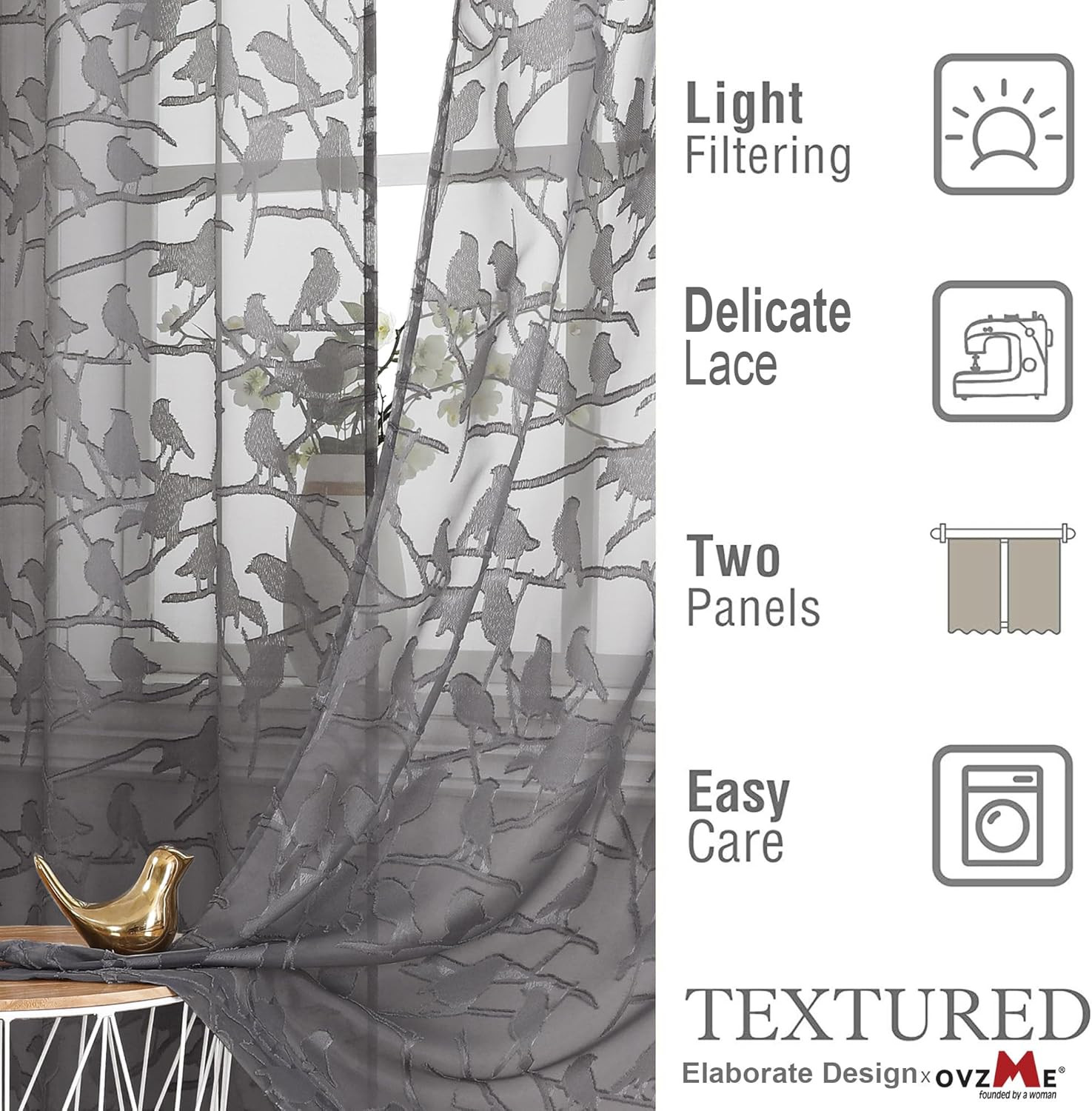 OVZME Anji Sheer Grey Curtains 63 Inches Long, Light & Airy Privacy Textured She