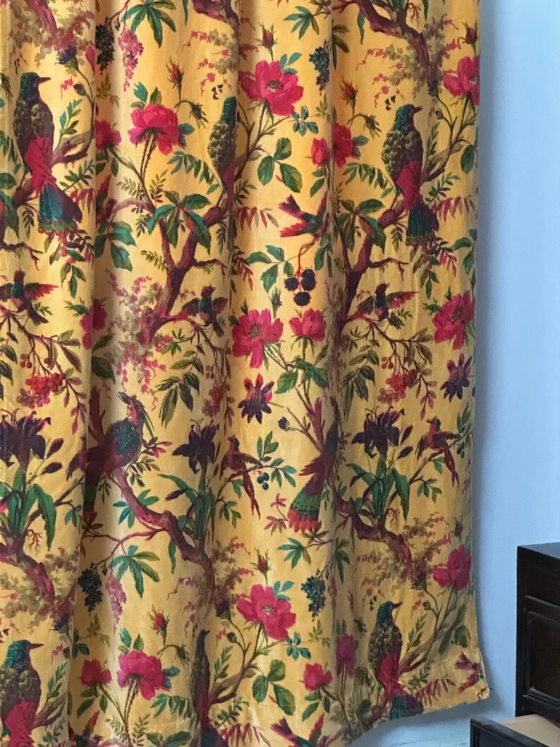 Luxury Velvet Curtains Yellow Bird Print Vintage Cotton Boho Any Size Custom