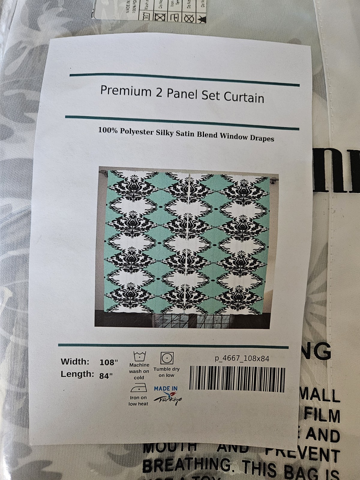 Damask 2 Panel Curtain Set Turquoise Black White Satin Blend 108×84 in