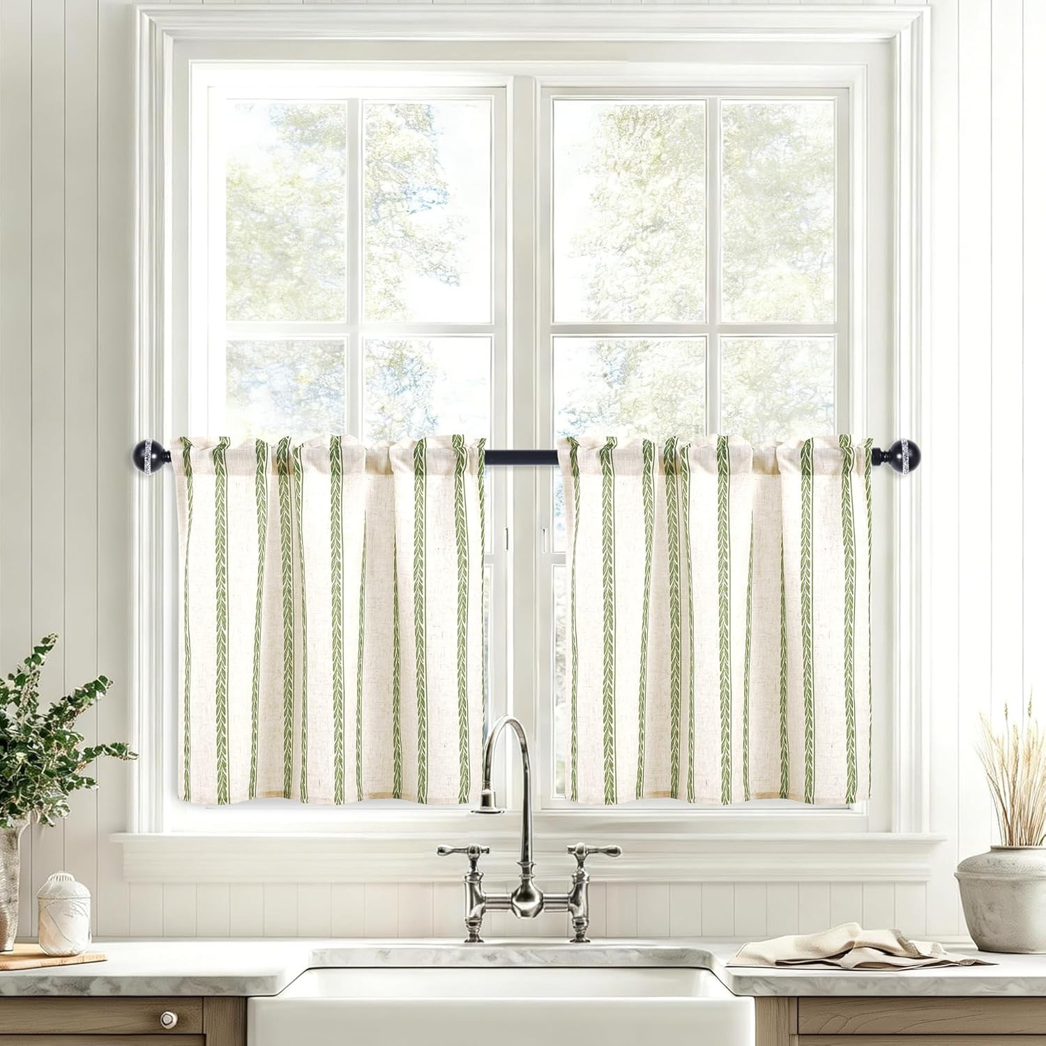 Striped Linen Kitchen Curtains 2 Panels – Short Tier Drapes with Rod Pocket, Far