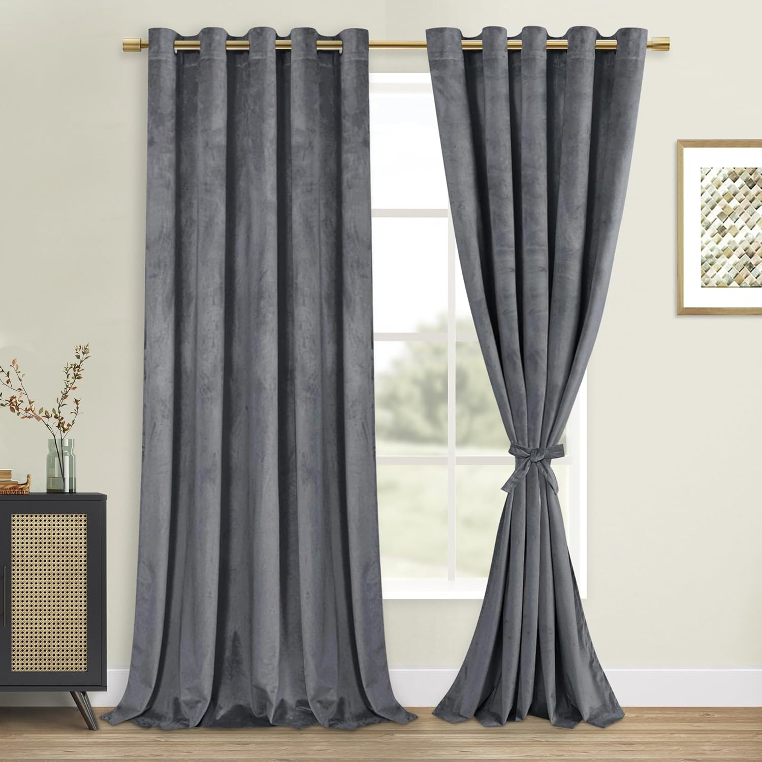 Extra Wide Grey Velvet Blackout Curtains 96″ Long, 2 Panels, W60 x L96