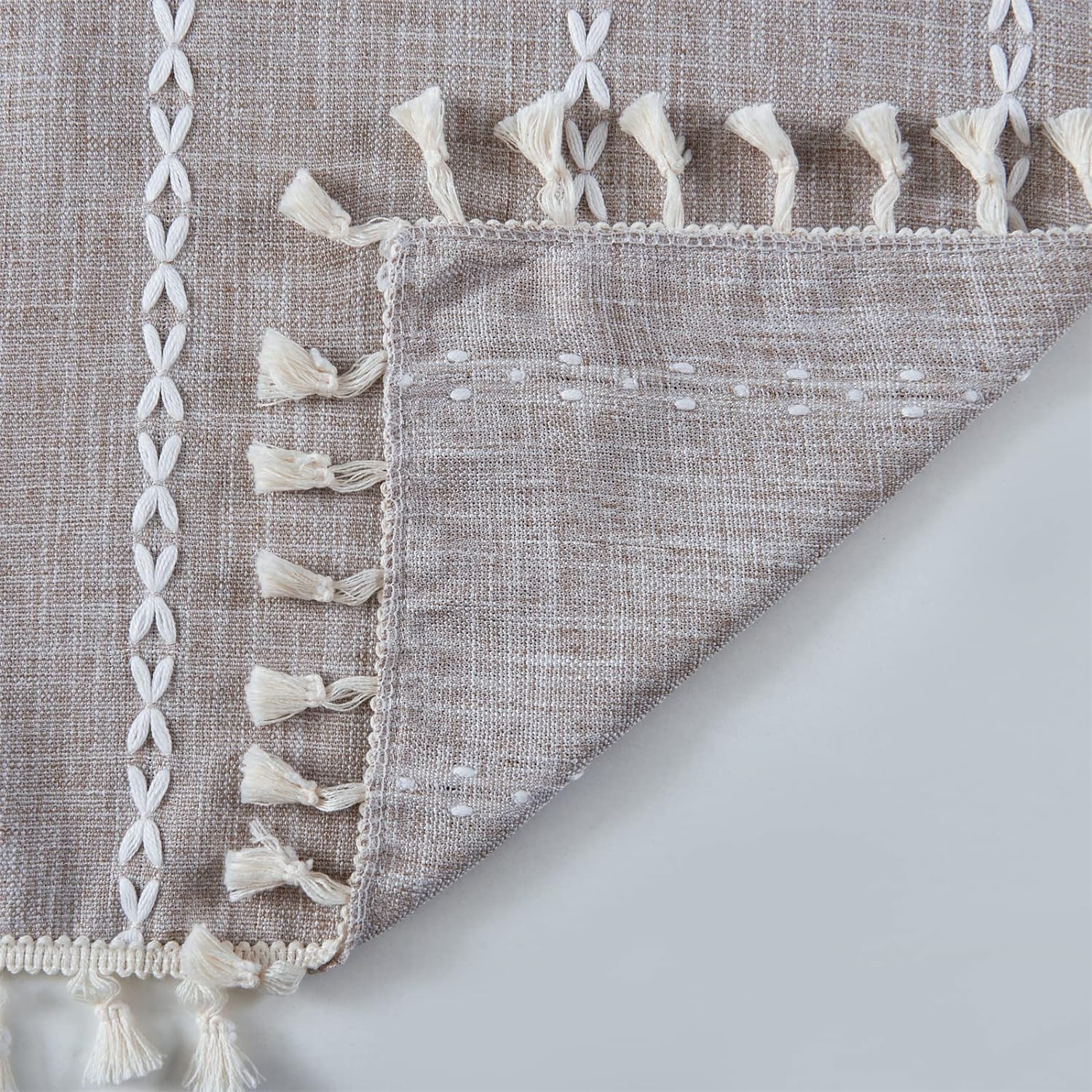 Boho Farmhouse Curtains 96″ Tan Rustic Cotton Polyester Tassel Draperies