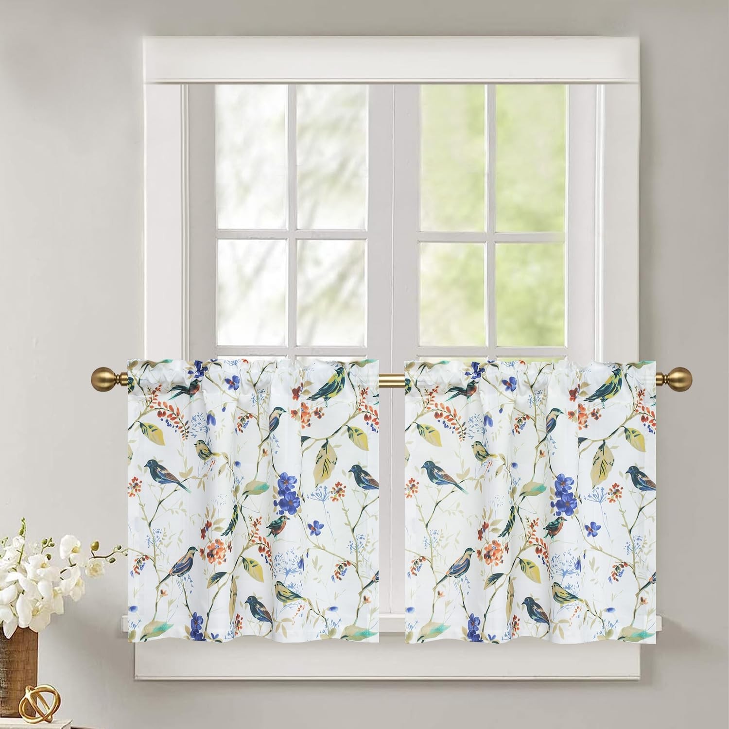 Bird Pattern Printed Small Window Curtain Panels, 24 Inch Length Sets Bird and