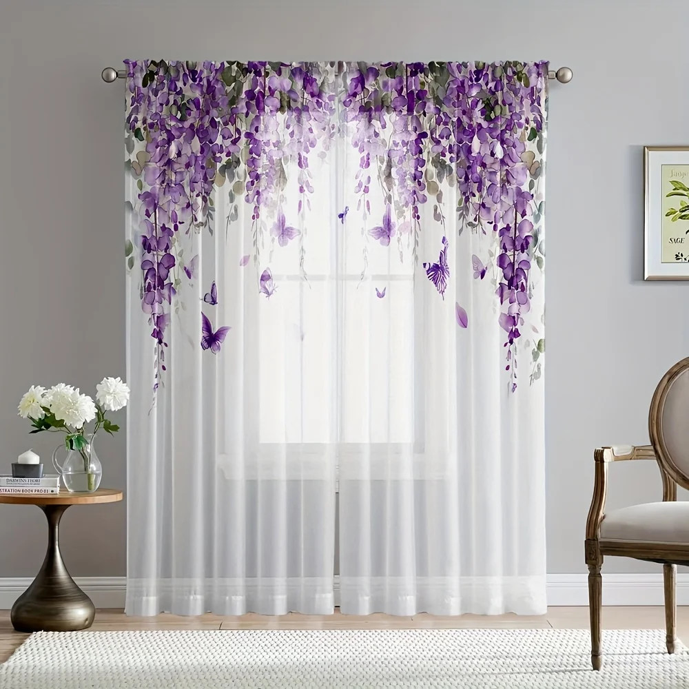 2 Pcs Elegant Wisteria Floral Print Curtains – Soft Polyester Microfiber Rod Poc