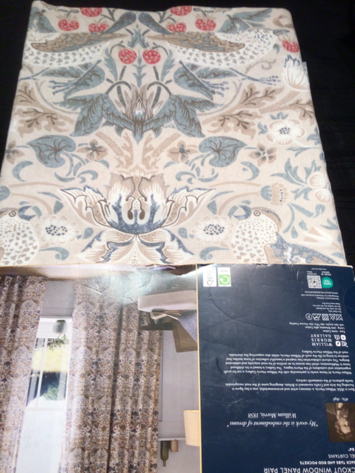 William Morris 2pc BLACKOUT Strawberry Thief Hessian Window Curtains 50×84 Heavy