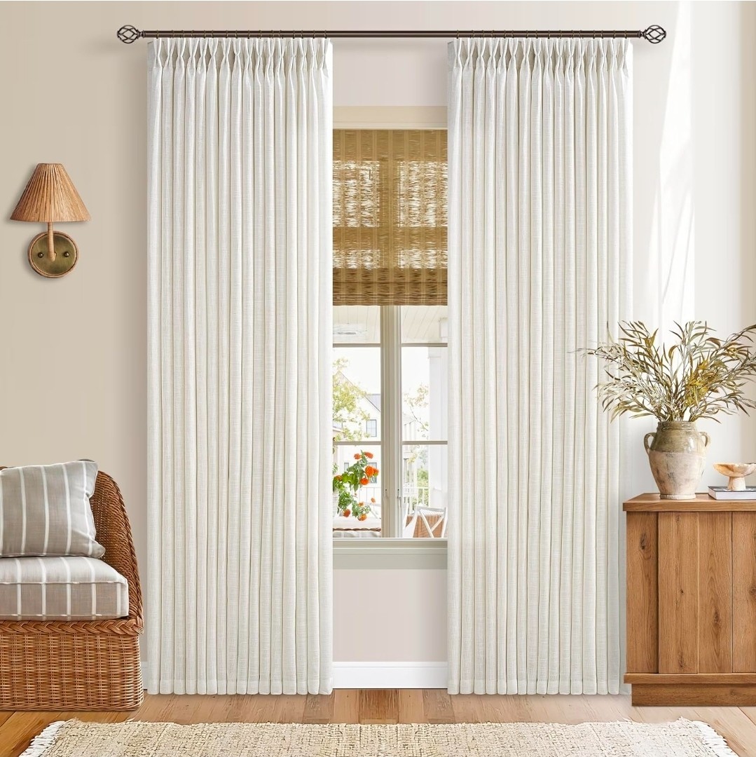 Pinch Pleated 90 Inch Linen Curtains 2 Panels Set for Living Room w50x90L