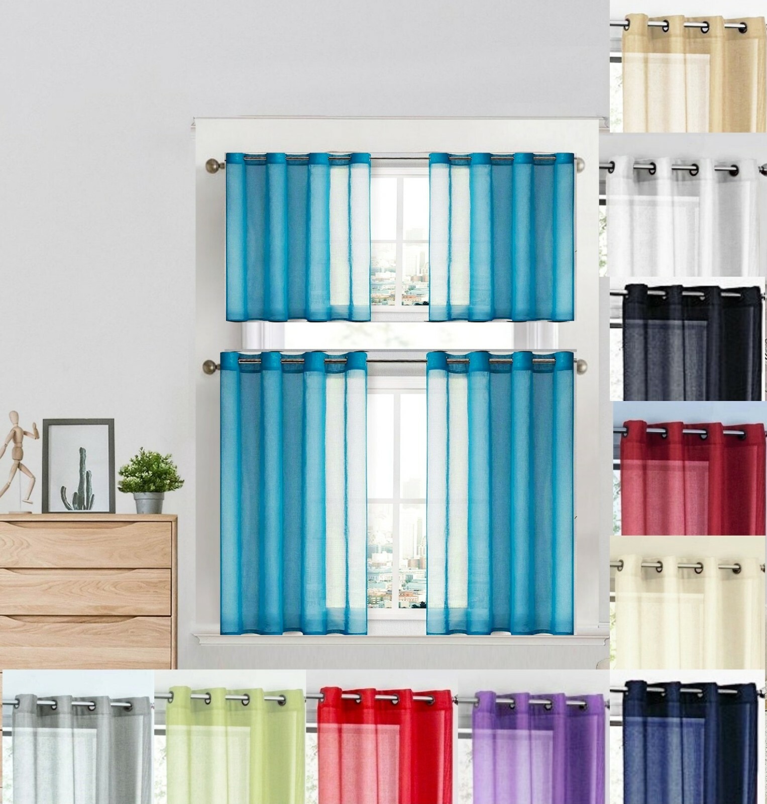 4pc Sheer Voile Set Window Grommet Curtain See Thru 2 Tier + 2 Valance RUBY