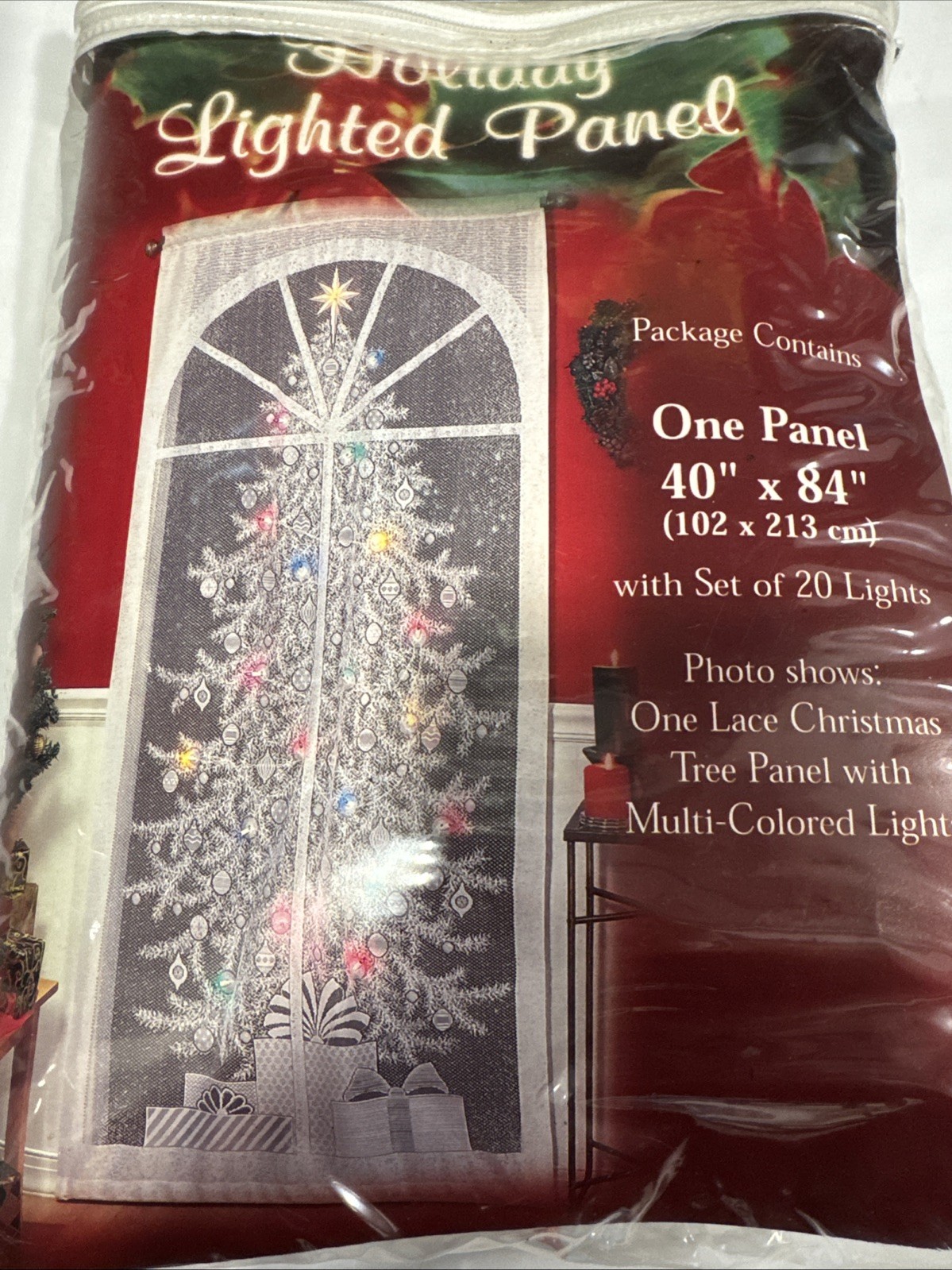 Christmas Tree Lace Curtain Panel 40″ x 84″ Quaker Lace 20 Light Kit Included