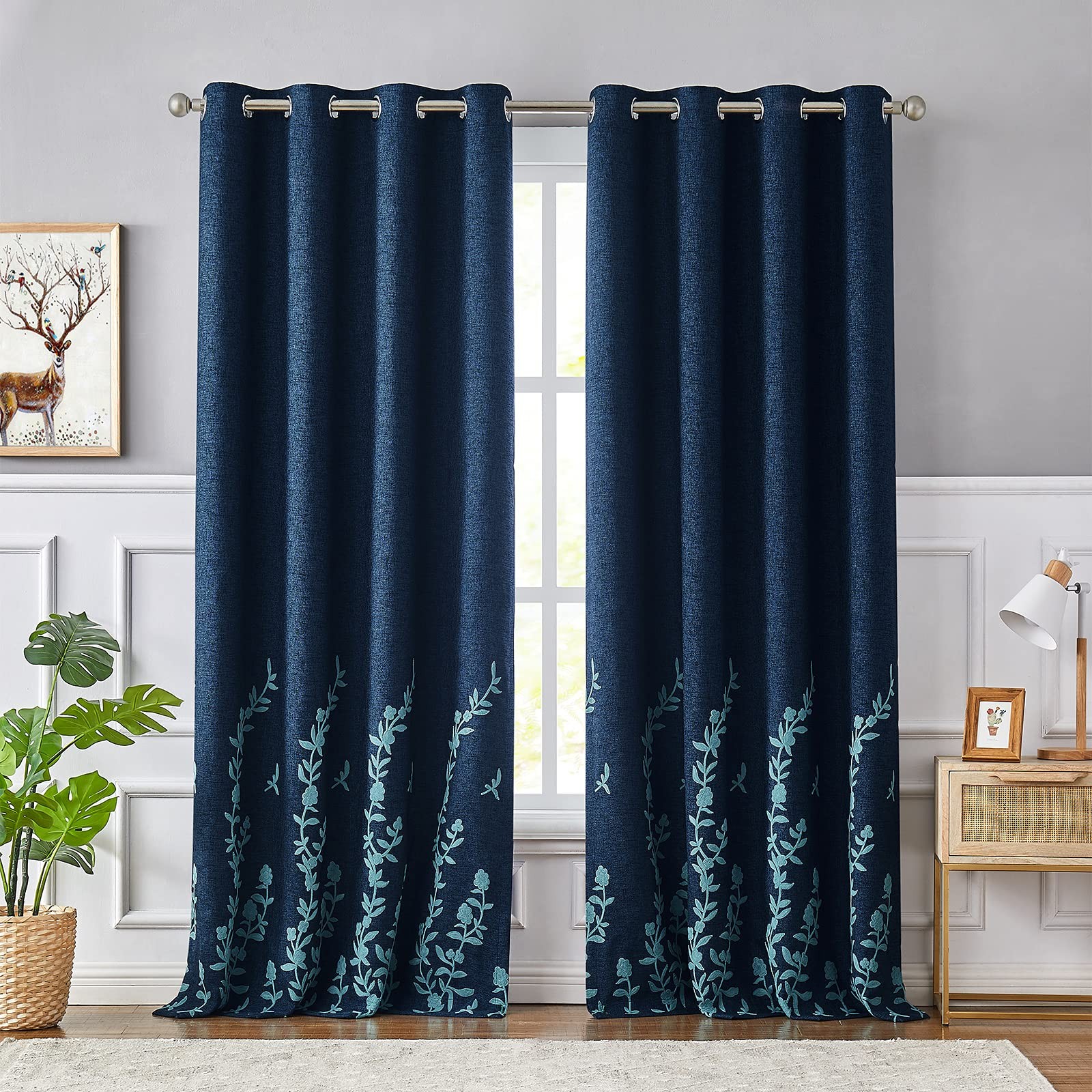 Curtains with Floral Embroidery, Linen, Textured, for Living Room, Bedroom…