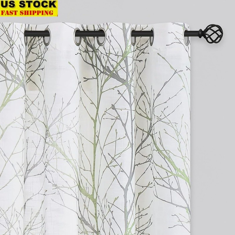 Ready Made Semi Sheer Curtains Grommet Top Light Filtering Tree Branch Design US