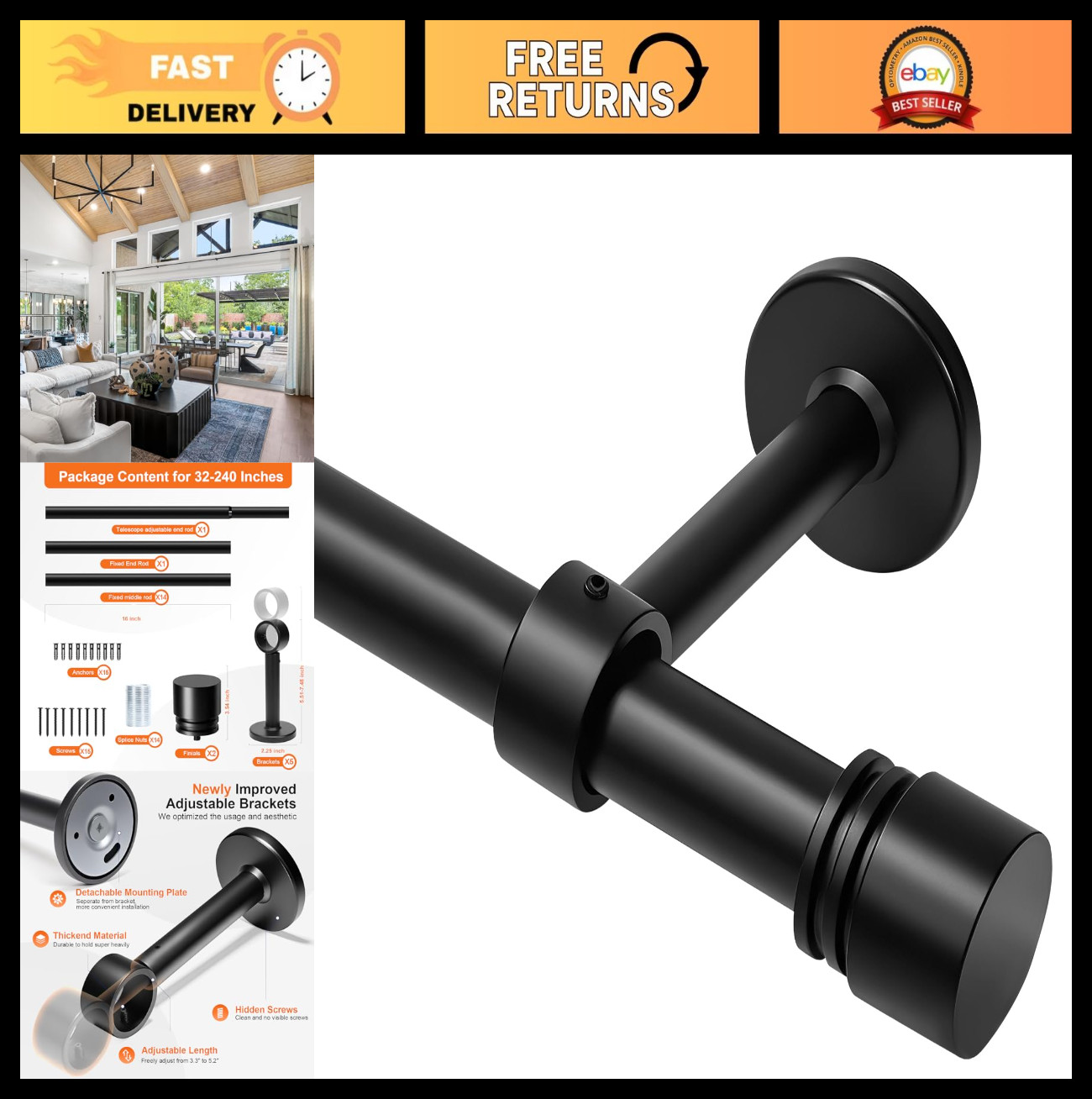 Extra Long Adjustable Curtain Rods 144-240 Inches for Large Windows & Doors – He