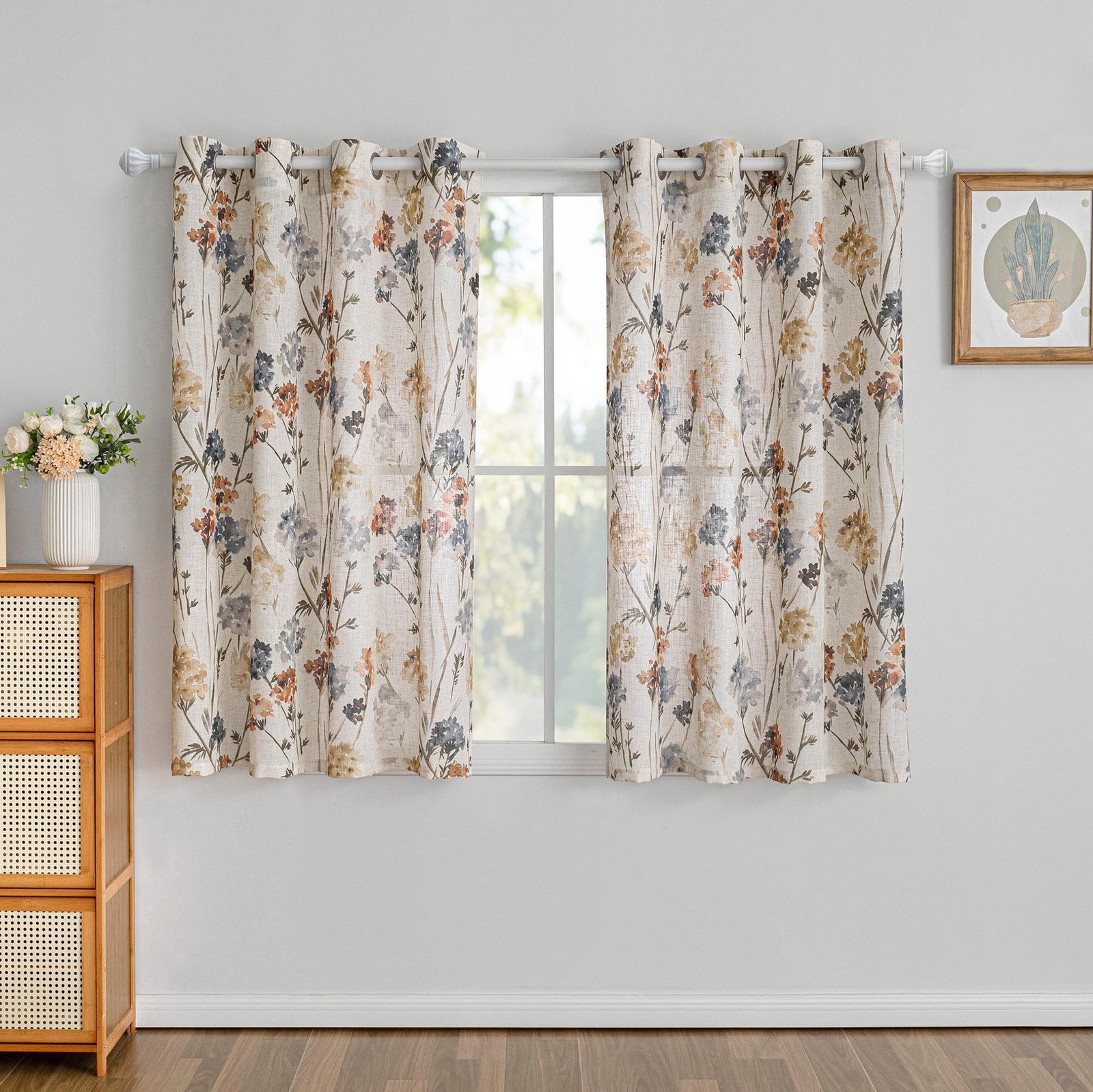 Set Of 2 Floral Linen Curtains 52″Wx45″ L Semi Sheer Light Filtering MYSKY HOME