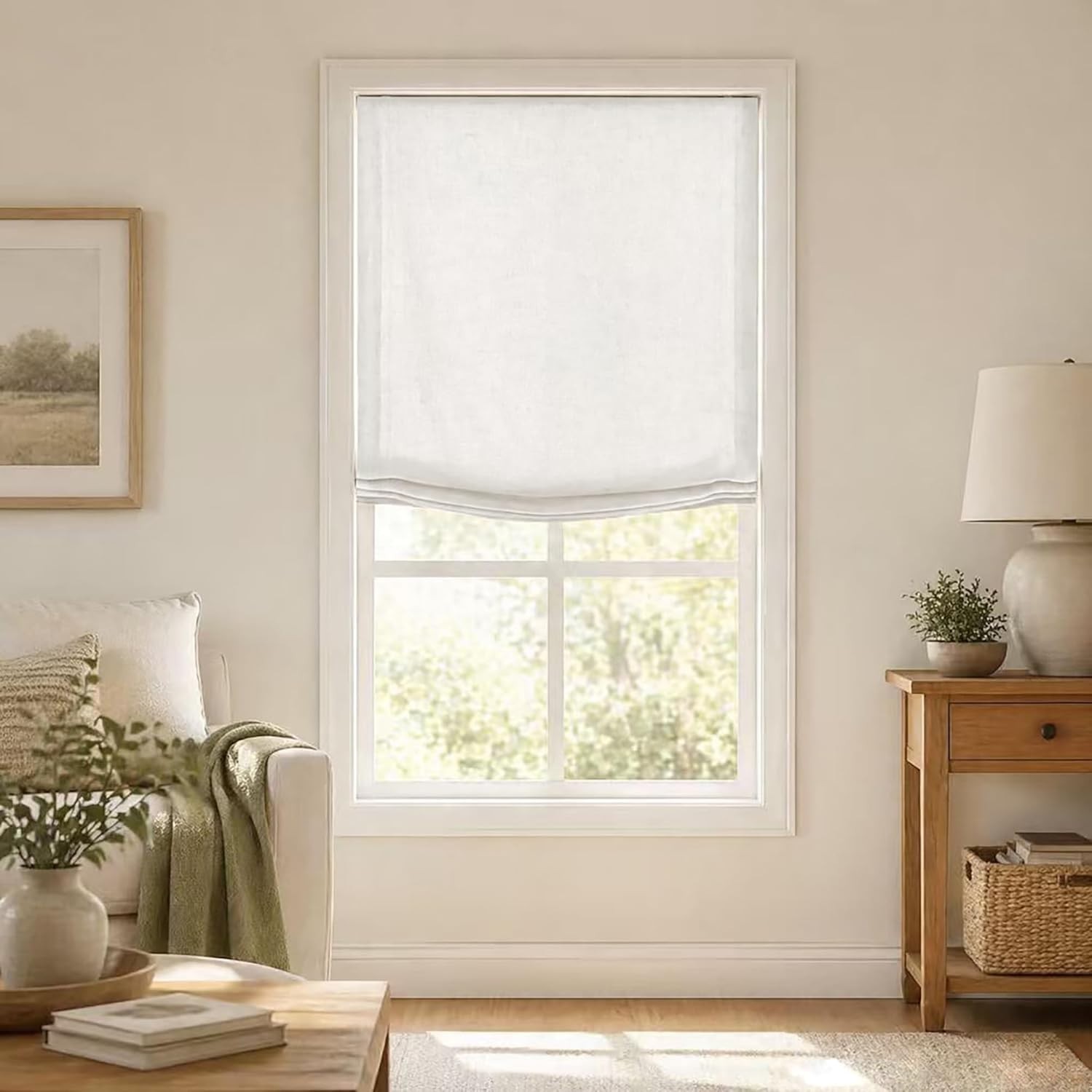 Cordless Relaxed Roman Shade Linen Blend Light Filtering Blinds with Soft Curve