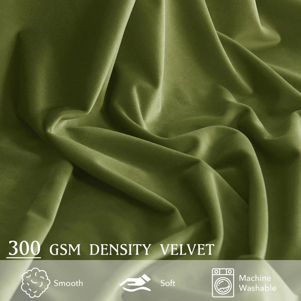 Olive Green Velvet Pinch Pleated Curtains 96 inches Long, Block Light Thermal In