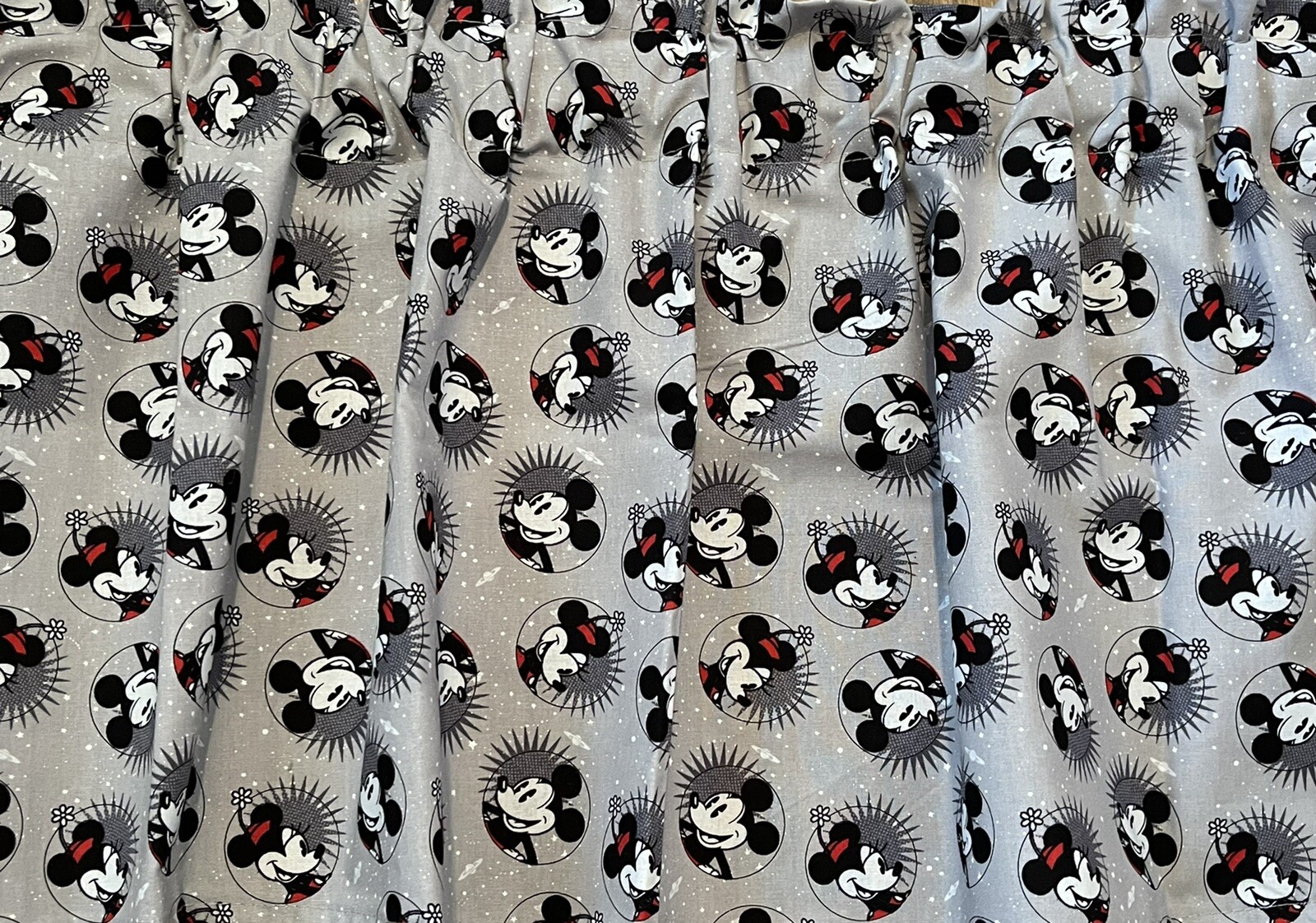 Grey, Mickey Mouse, Circles, Valance 42″W X 15″L Window Curtain Valance