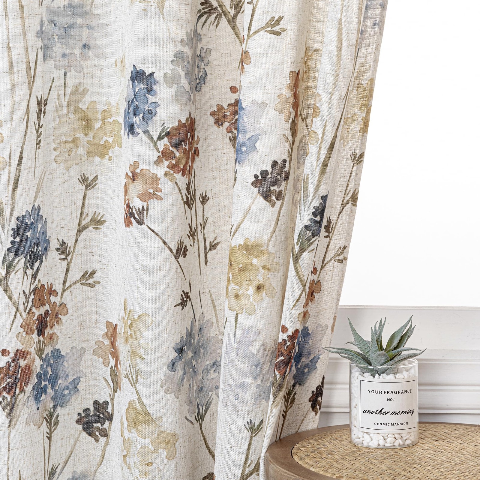 Set Of 2 Floral Linen Curtains 52″Wx45″ L Semi Sheer Light Filtering MYSKY HOME