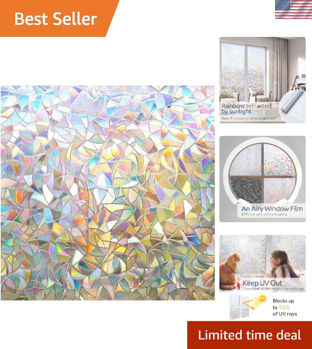 3D Rainbow Window Privacy Film – Decorative Non-Adhesive Sticker 35.4×78.7in