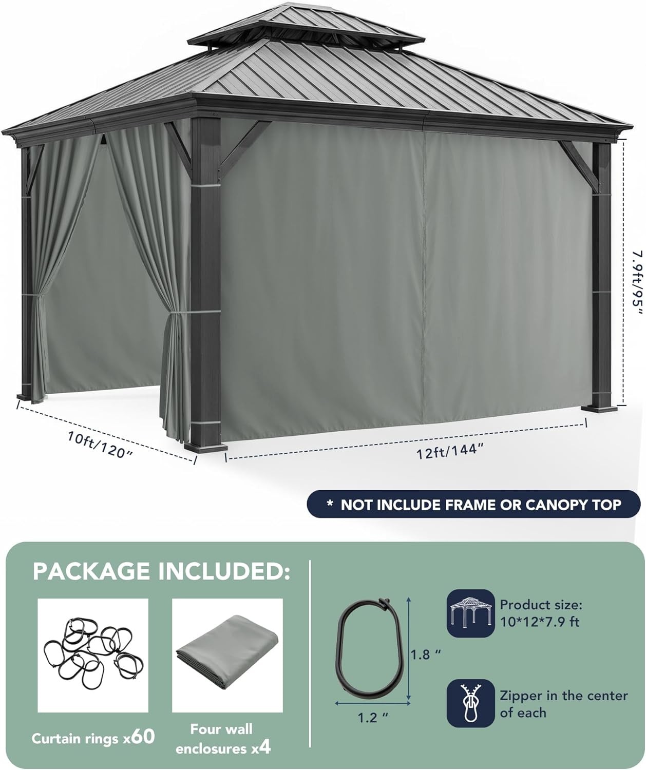 Outdoor Pergola Curtains Grey 10x12x7 Ft 4 Panels