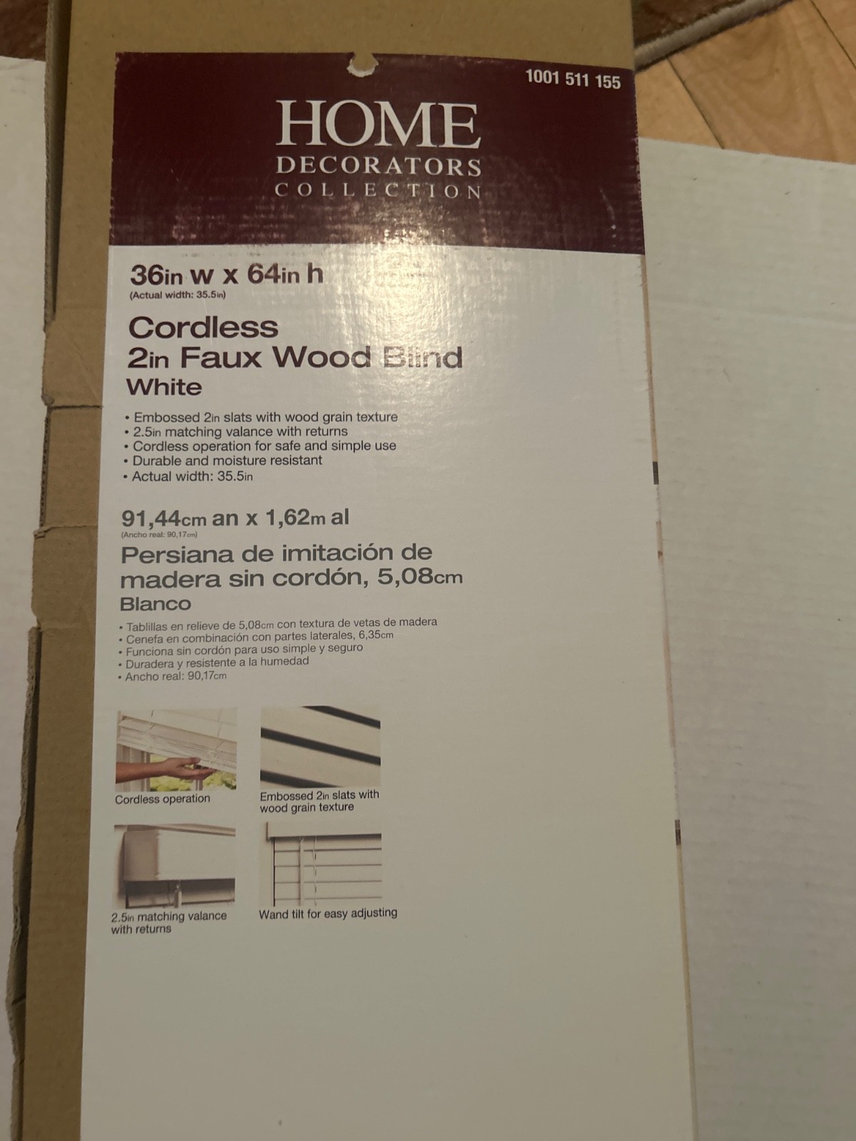 Home Decorators Cordless 2in Faux Wood Blind 36in w x 64in h
