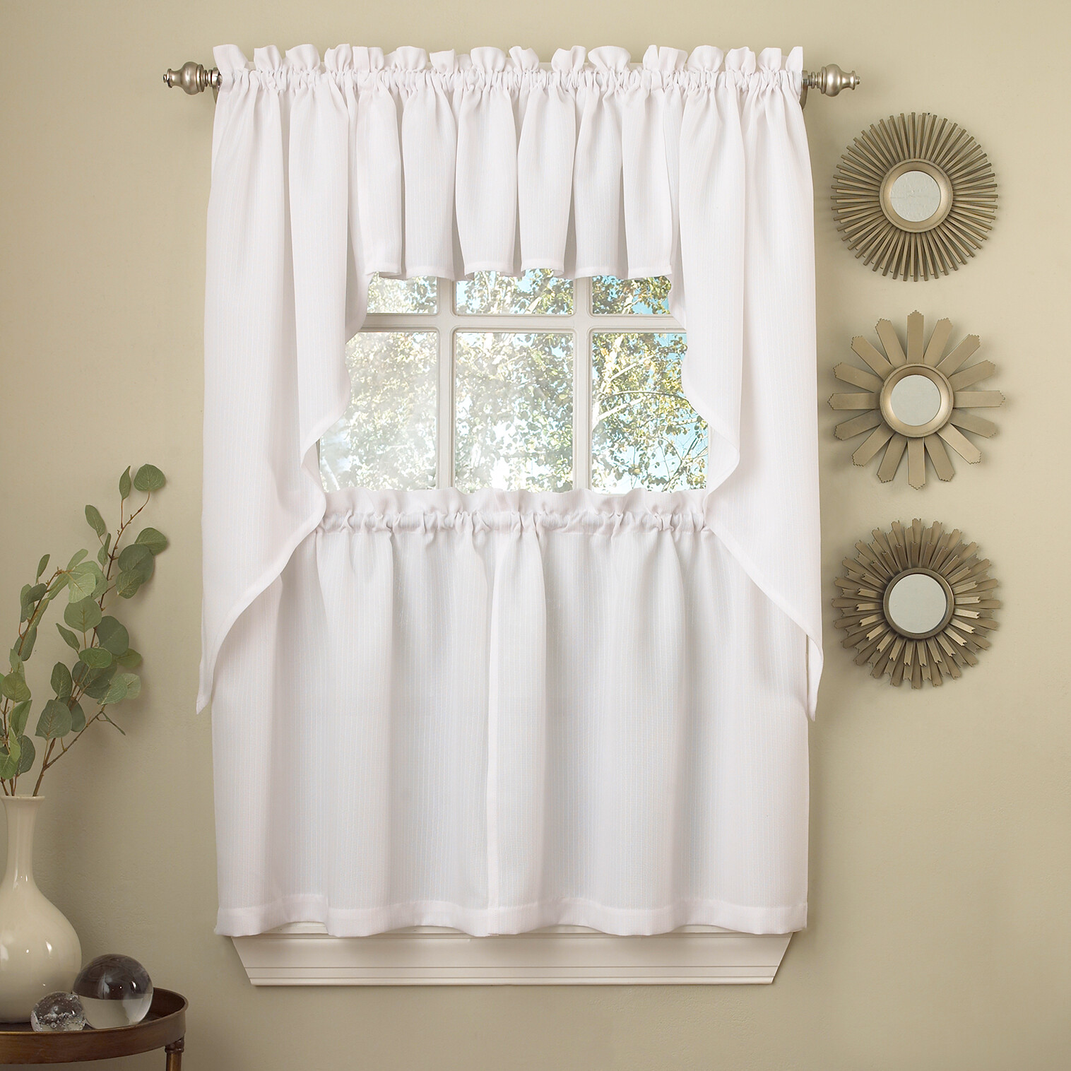 White Solid Opaque Ribcord Kitchen Curtains – Choice of Tiers Valance or Swag