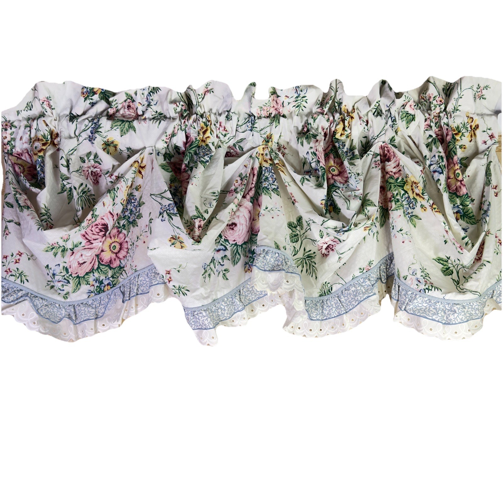 VTG JC Penney Floral Scalloped Valances Lace Eyelet Trim 80” X 19” Cottage