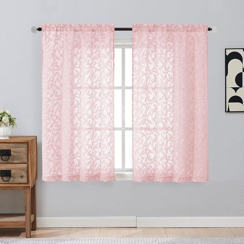 Light Filtering Sheer Curtains Rod Pocket 2 Pack Elegant Leaf Pattern Windows US