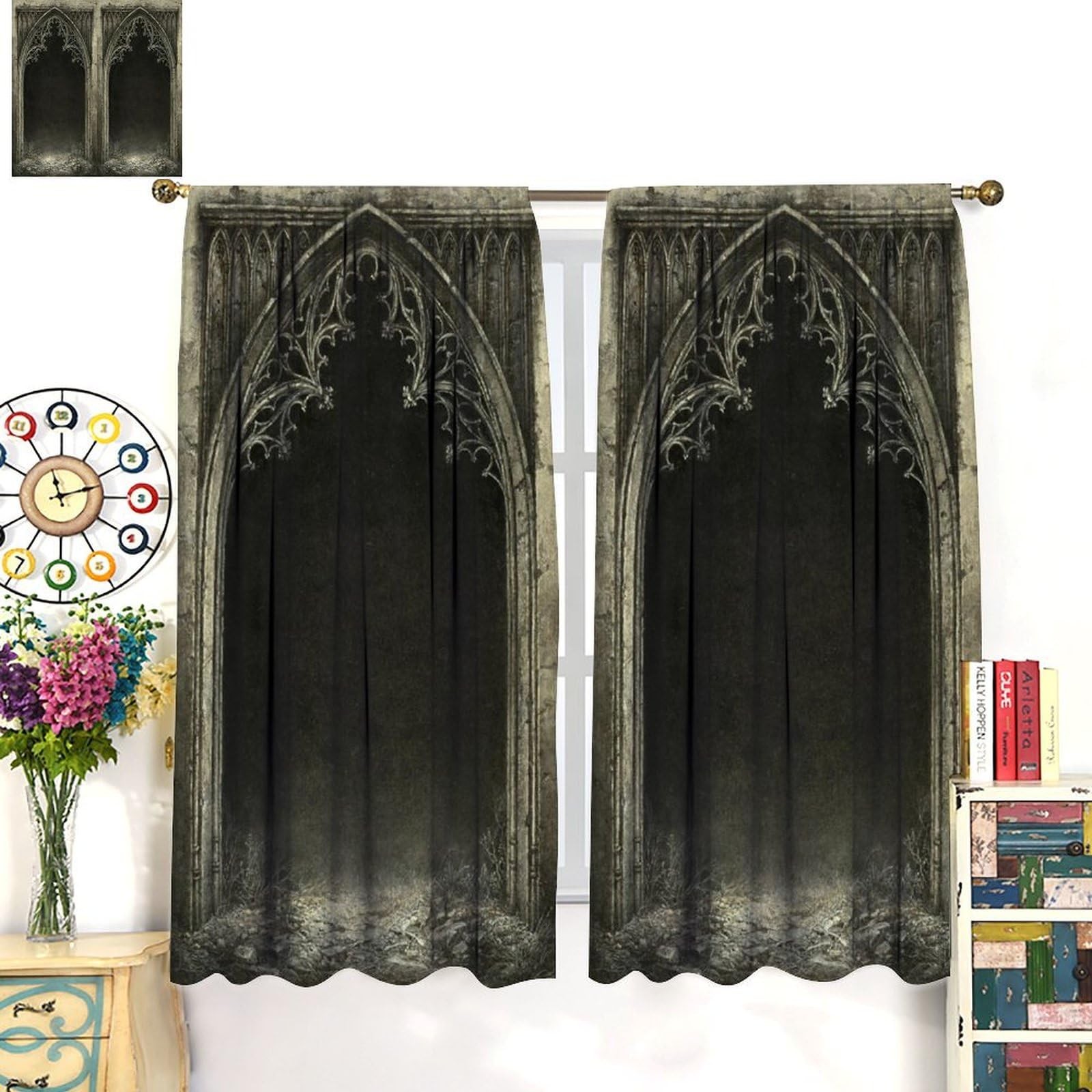 Gothic Dream Curtains, Vintage Gate Classical Palace Dark Black Misty Foggy M…