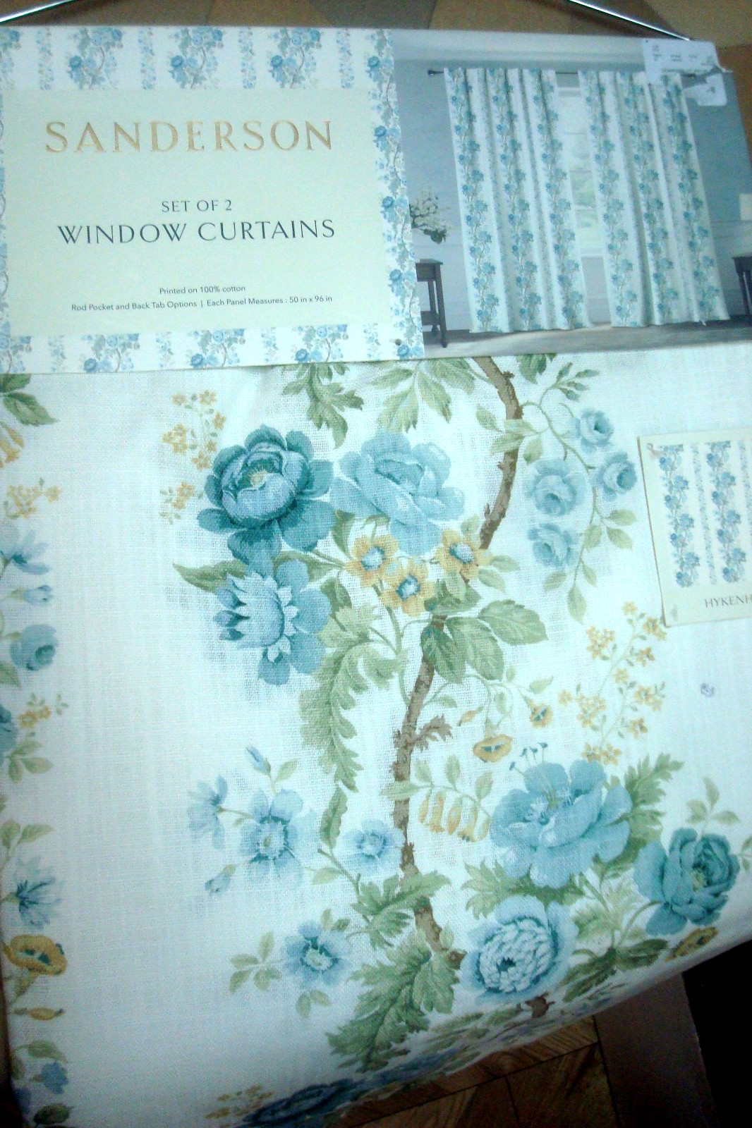 NWT Sanderson 2 pc Window Curtain Panels Hykenham Floral Aqua Blue Cotton 96″ lg