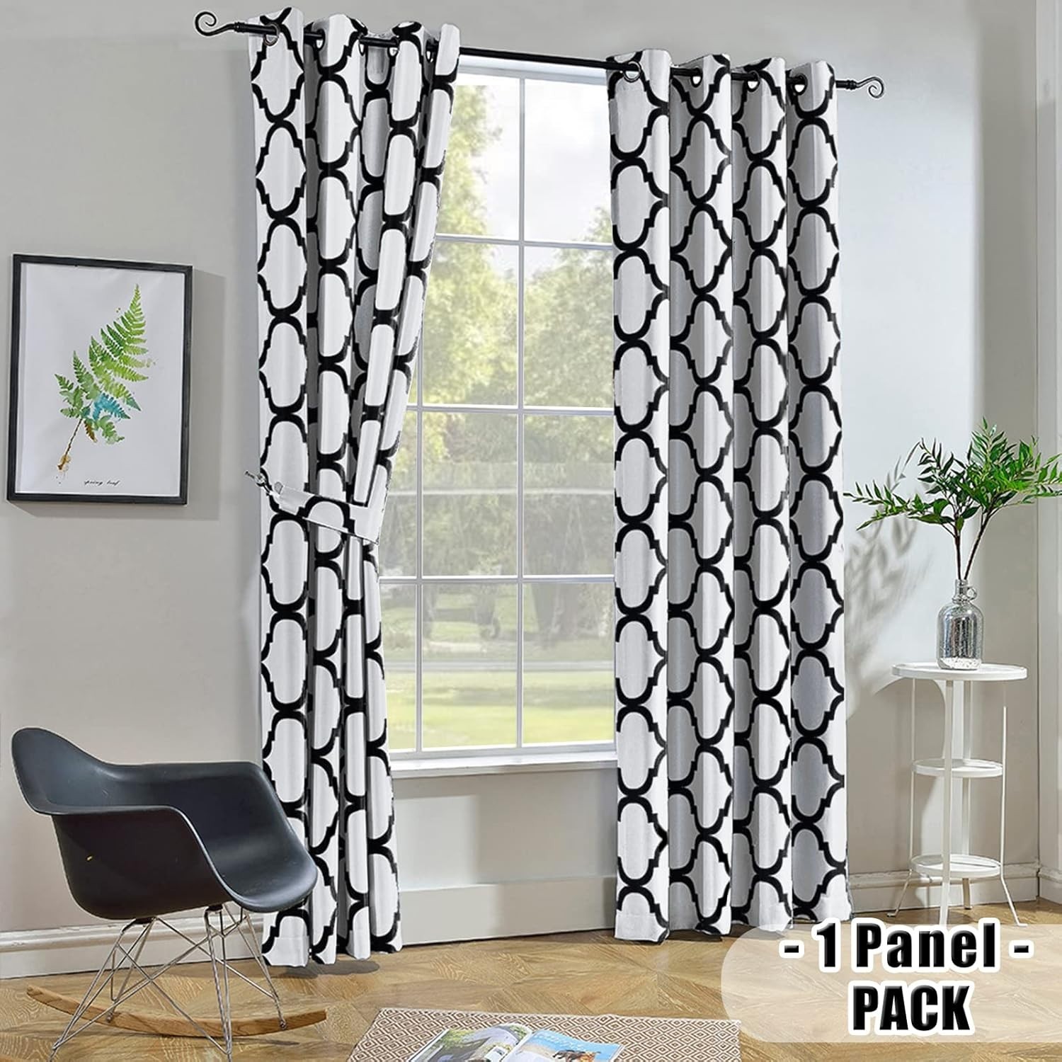 Single Panel 52×45 Inch Moroccan Room Darkening Curtain – Off White/Black Design